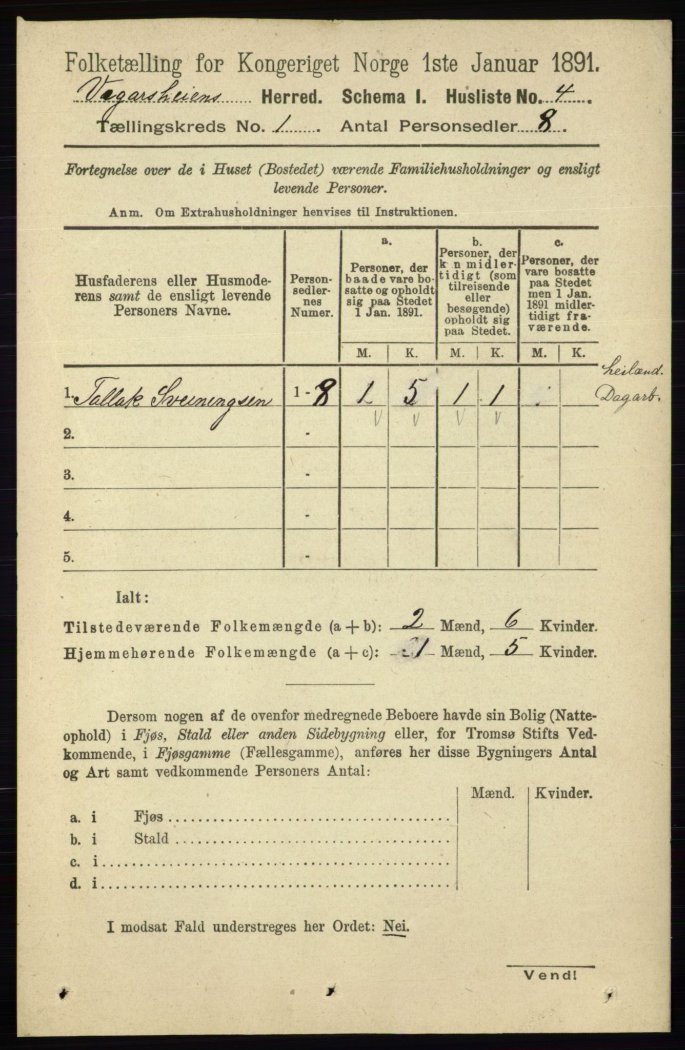 RA, 1891 census for 0912 Vegårshei, 1891, p. 32