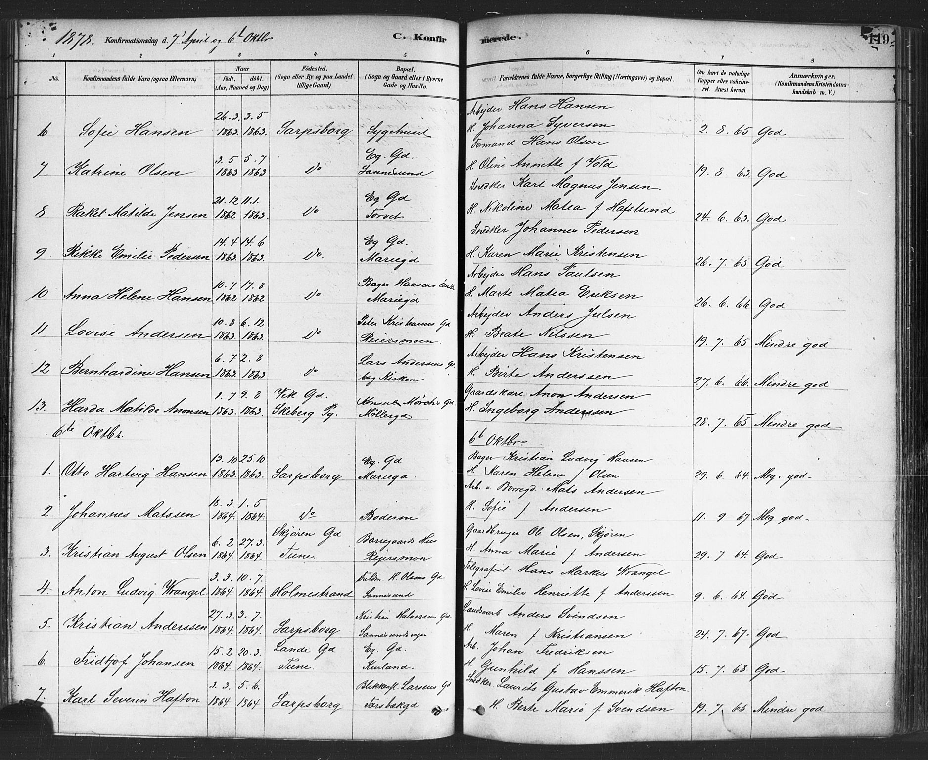 Sarpsborg prestekontor Kirkebøker, AV/SAO-A-2006/F/Fa/L0003: Parish register (official) no. 3, 1878-1891, p. 119