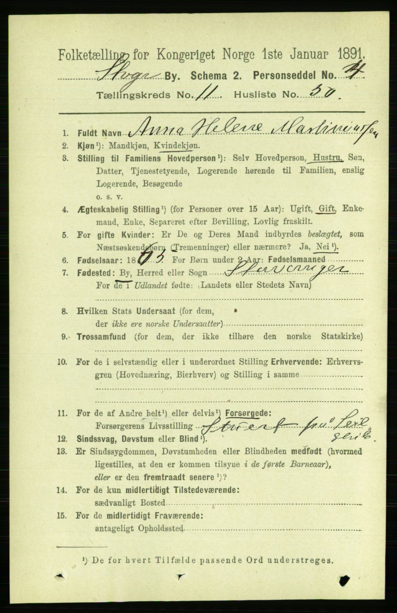 RA, 1891 census for 1103 Stavanger, 1891, p. 14485