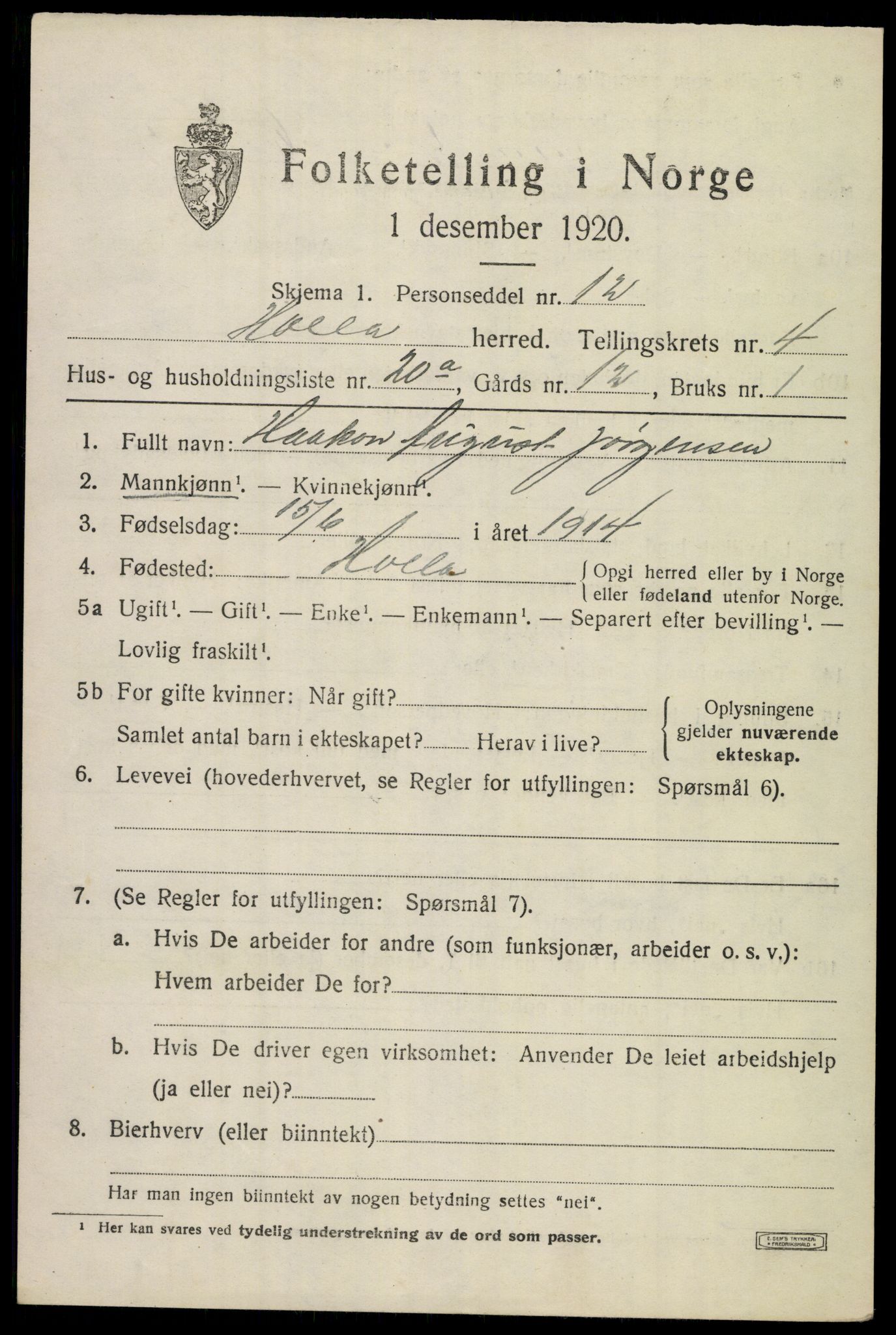 SAKO, 1920 census for Holla, 1920, p. 3817