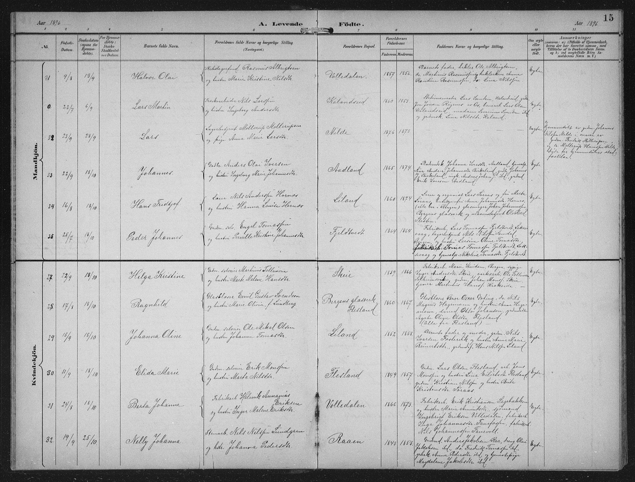 Fana Sokneprestembete, AV/SAB-A-75101/H/Hab/Haba/L0003: Parish register (copy) no. A 3, 1895-1902, p. 15