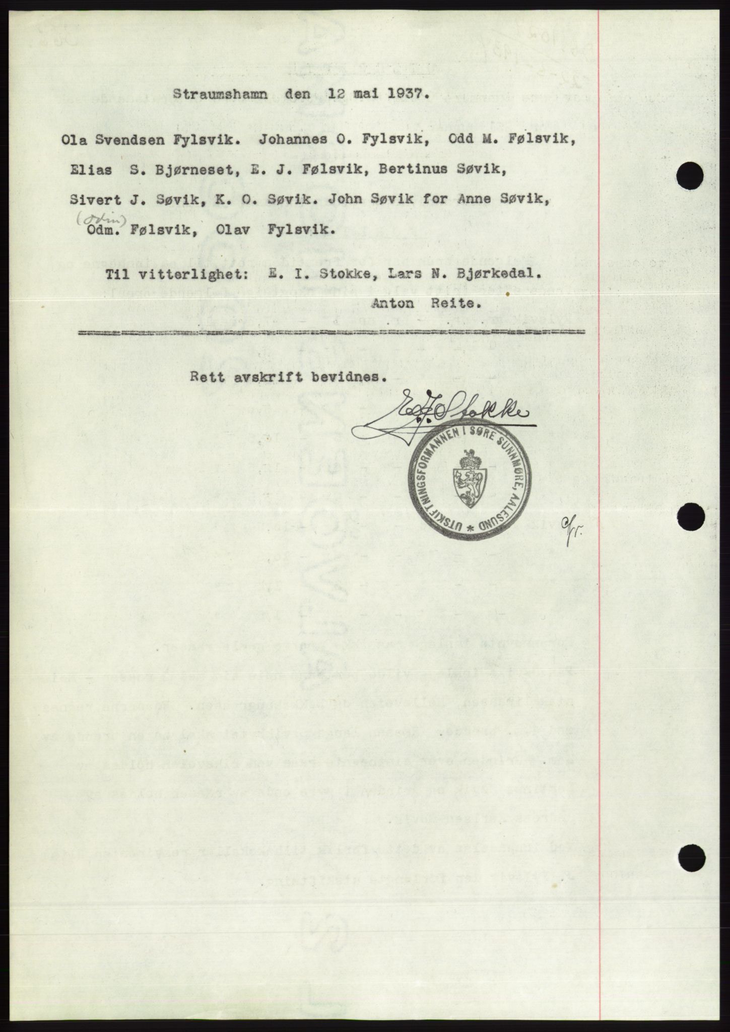 Søre Sunnmøre sorenskriveri, AV/SAT-A-4122/1/2/2C/L0063: Mortgage book no. 57, 1937-1937, Diary no: : 1024/1937