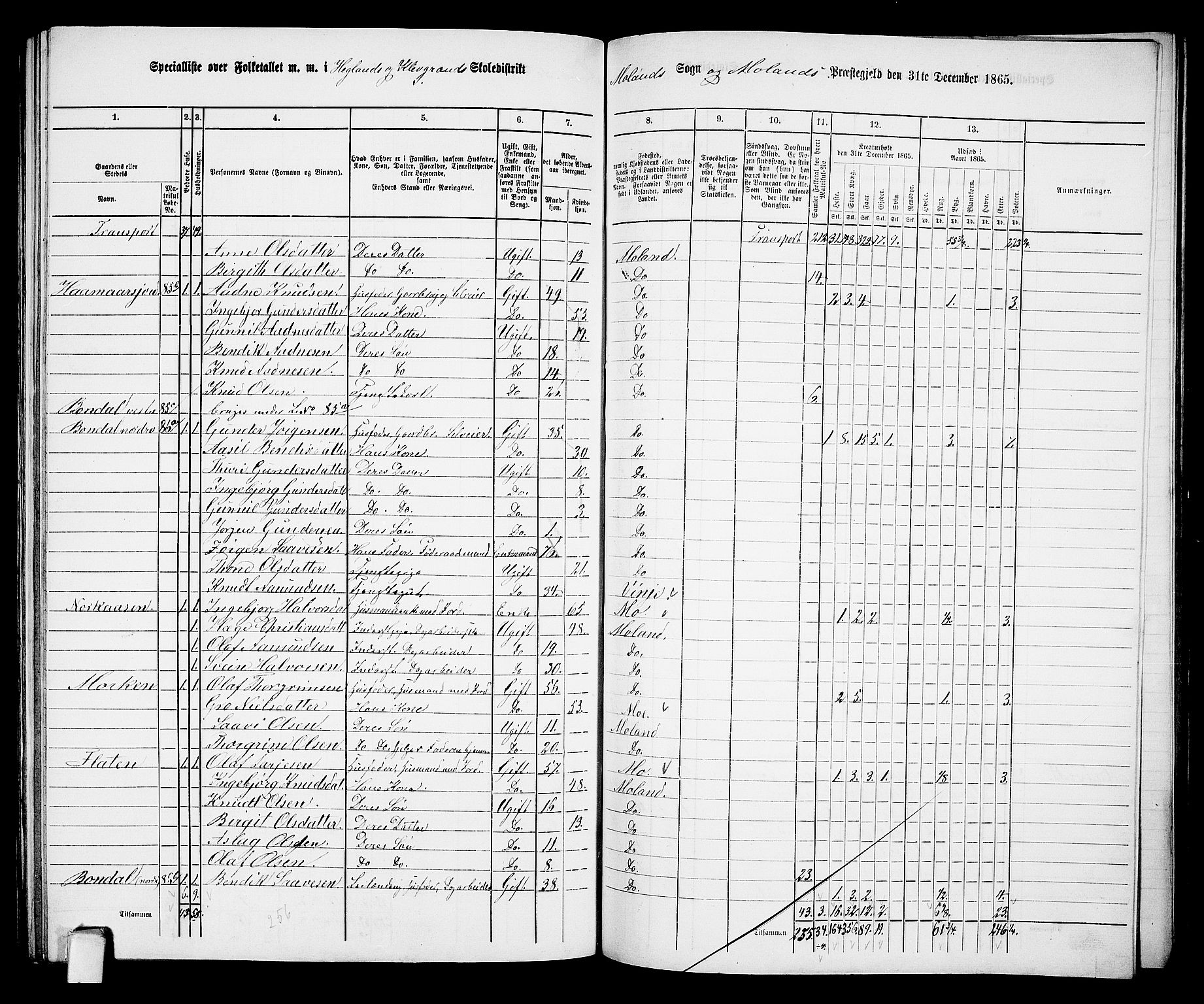 RA, 1865 census for Moland, 1865, p. 67