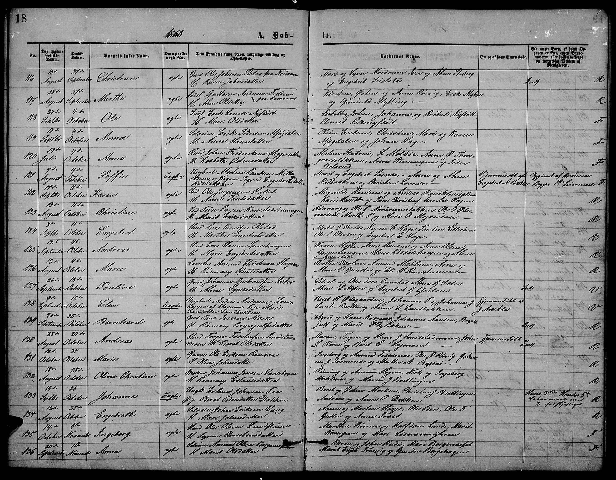 Ringebu prestekontor, SAH/PREST-082/H/Ha/Hab/L0004: Parish register (copy) no. 4, 1867-1879, p. 18