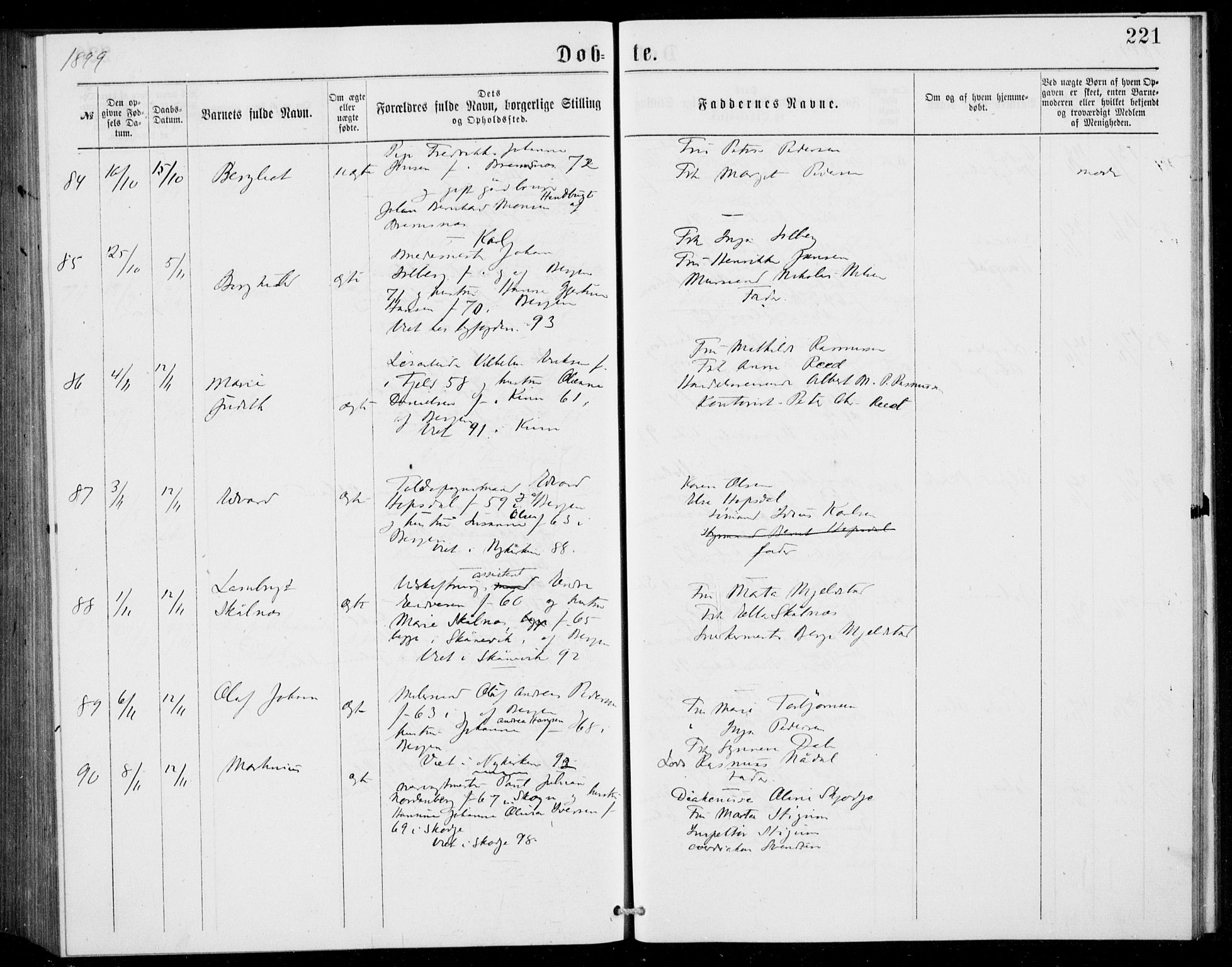 Fødselsstiftelsens sokneprestembete, ført av overlegen*, SAB/-: Parish register (official) no. A 2, 1884-1900, p. 221