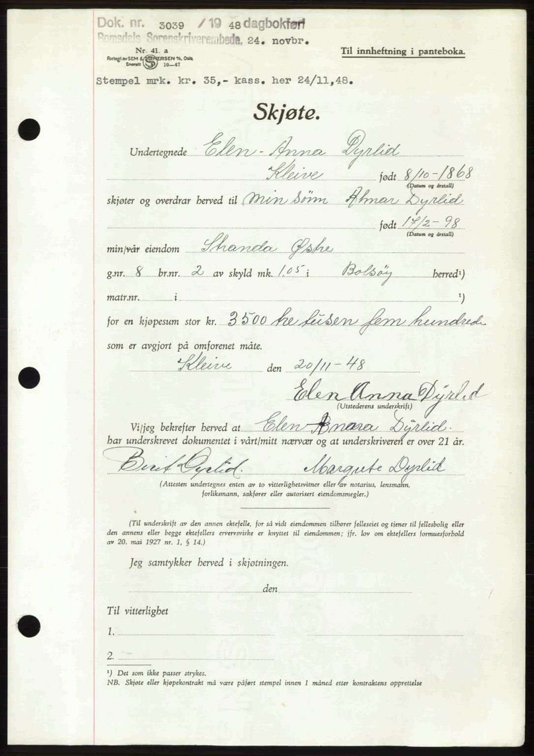 Romsdal sorenskriveri, AV/SAT-A-4149/1/2/2C: Mortgage book no. A27, 1948-1948, Diary no: : 3039/1948