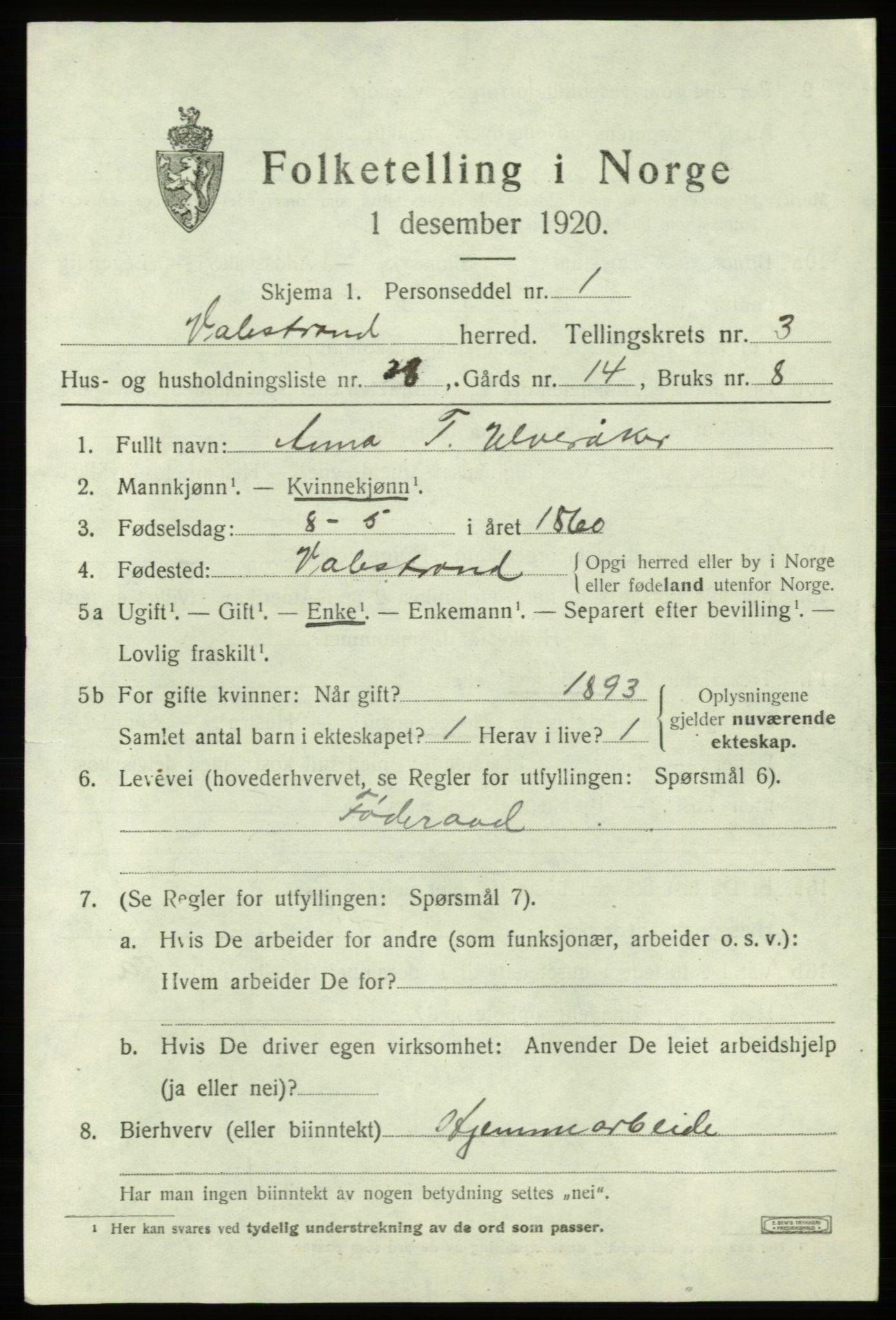 SAB, 1920 census for Valestrand, 1920, p. 1625