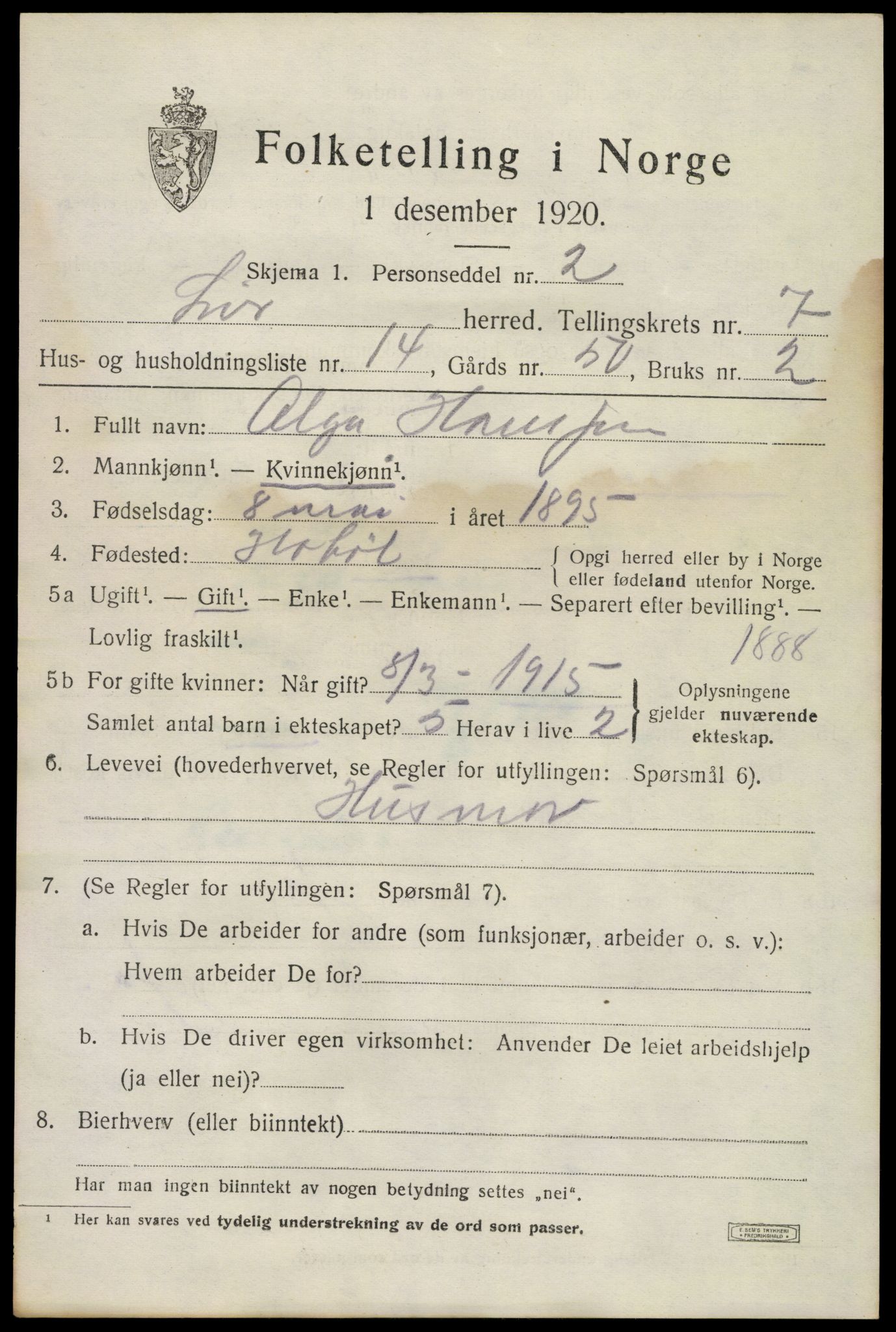 SAKO, 1920 census for Lier, 1920, p. 12676