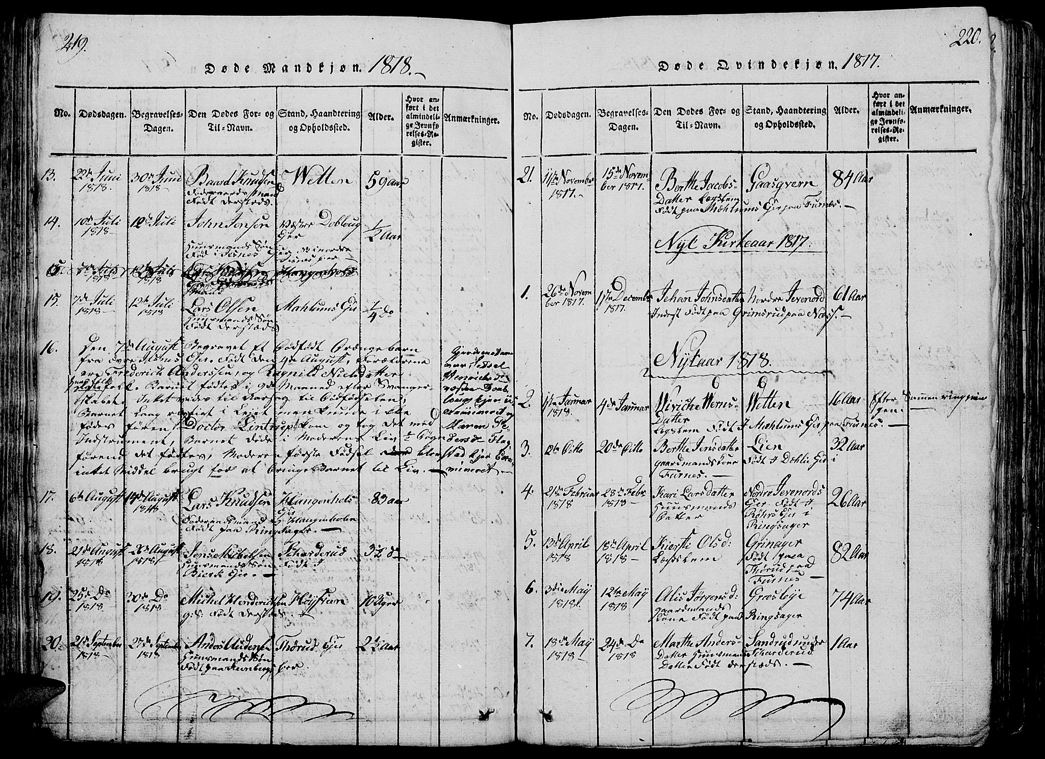 Vang prestekontor, Hedmark, AV/SAH-PREST-008/H/Ha/Hab/L0005: Parish register (copy) no. 5, 1815-1836, p. 219-220