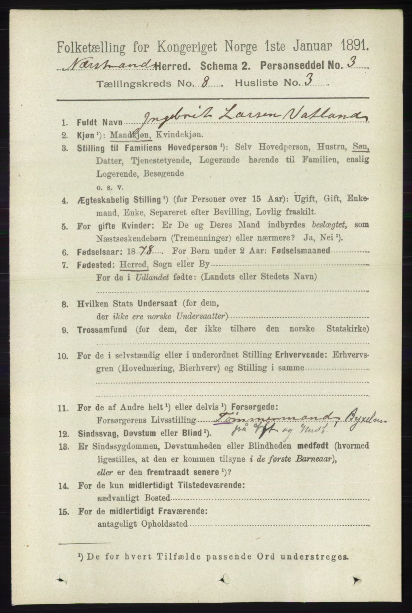 RA, 1891 census for 1139 Nedstrand, 1891, p. 1452