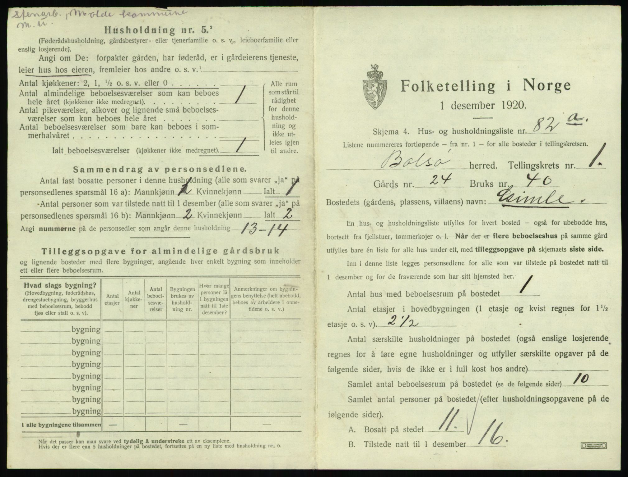 SAT, 1920 census for Bolsøy, 1920, p. 219