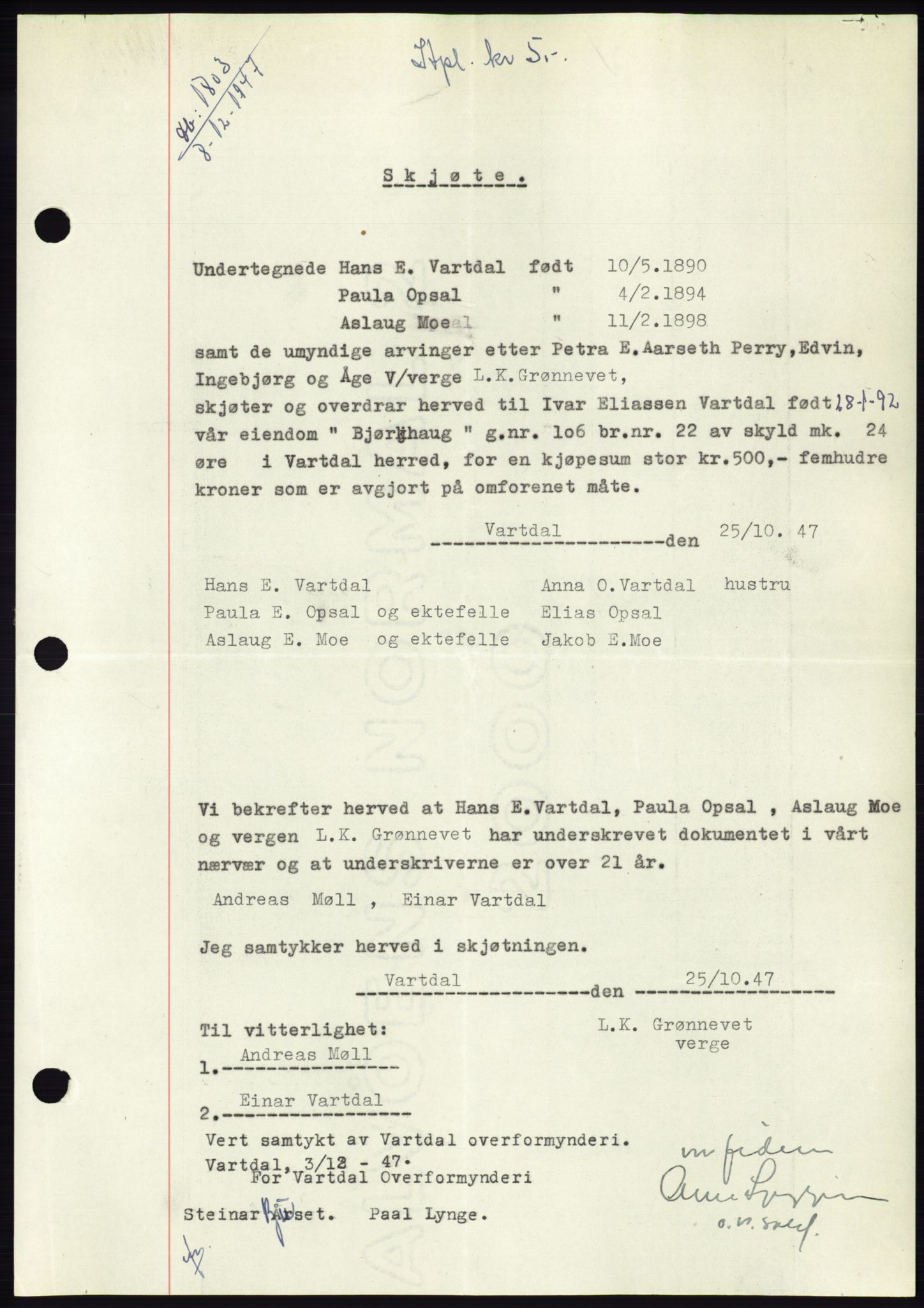 Søre Sunnmøre sorenskriveri, AV/SAT-A-4122/1/2/2C/L0081: Mortgage book no. 7A, 1947-1948, Diary no: : 1803/1947