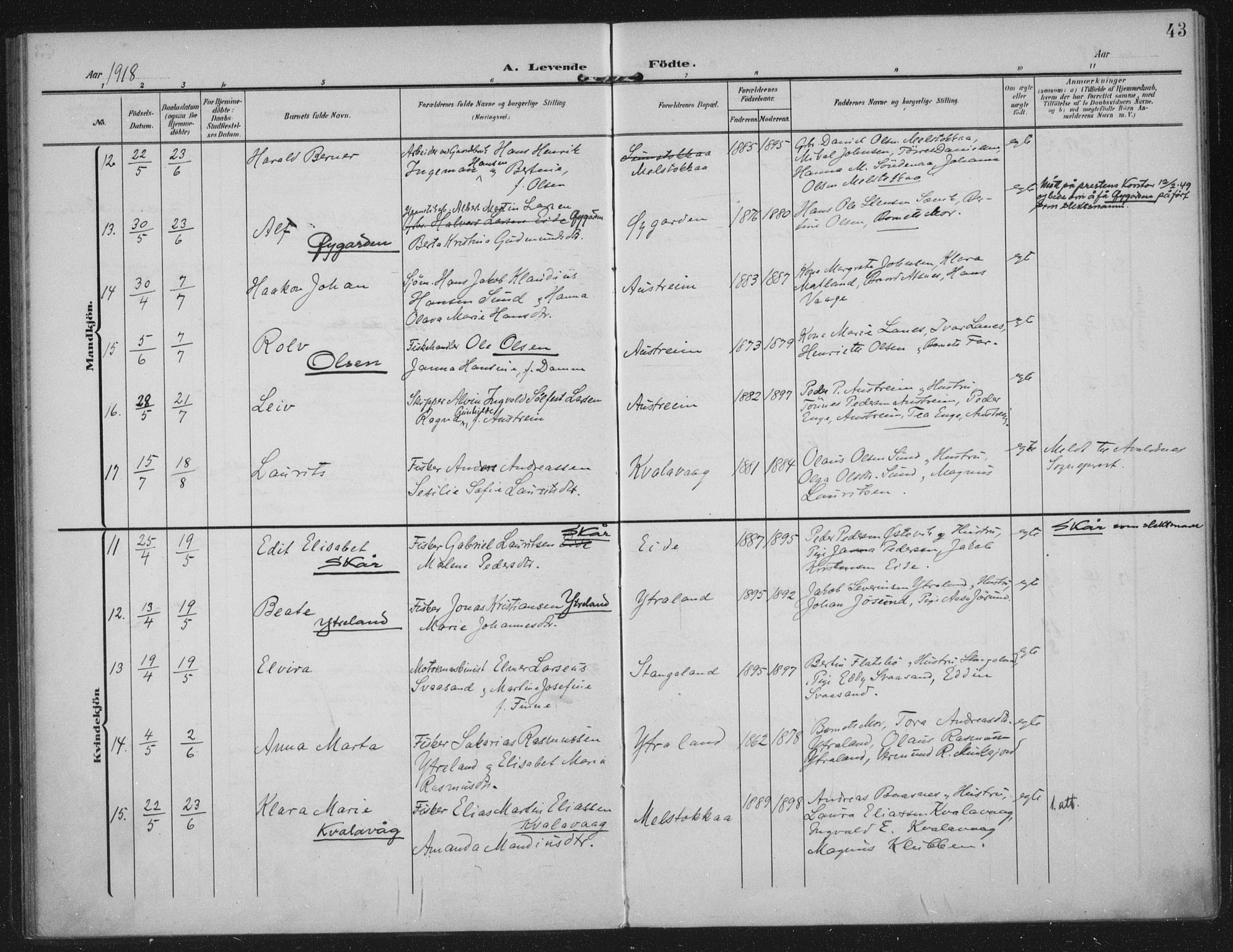 Kopervik sokneprestkontor, AV/SAST-A-101850/H/Ha/Haa/L0003: Parish register (official) no. A 3, 1906-1924, p. 43