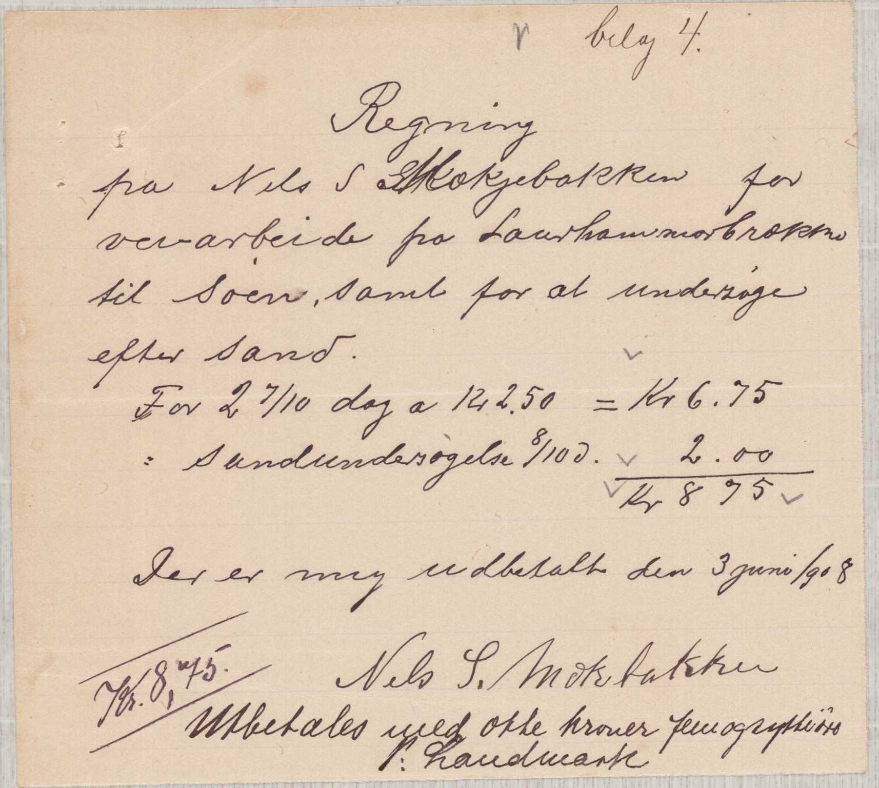 Finnaas kommune. Formannskapet, IKAH/1218a-021/E/Ea/L0002/0005: Rekneskap for veganlegg / Rekneskap for veganlegget Urangsvåg - Mælandsvåg, 1907-1909, p. 40