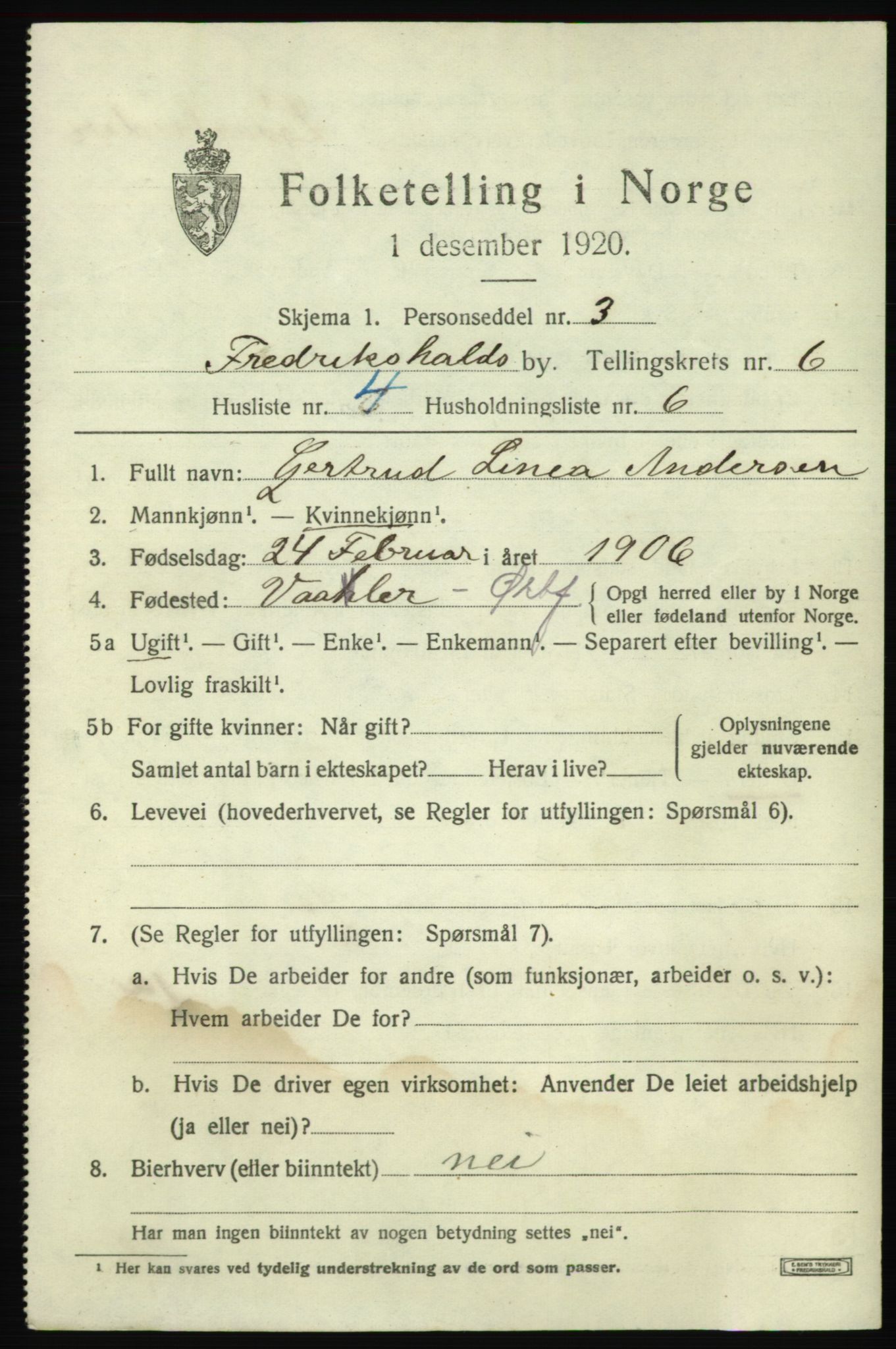 SAO, 1920 census for Fredrikshald, 1920, p. 12888