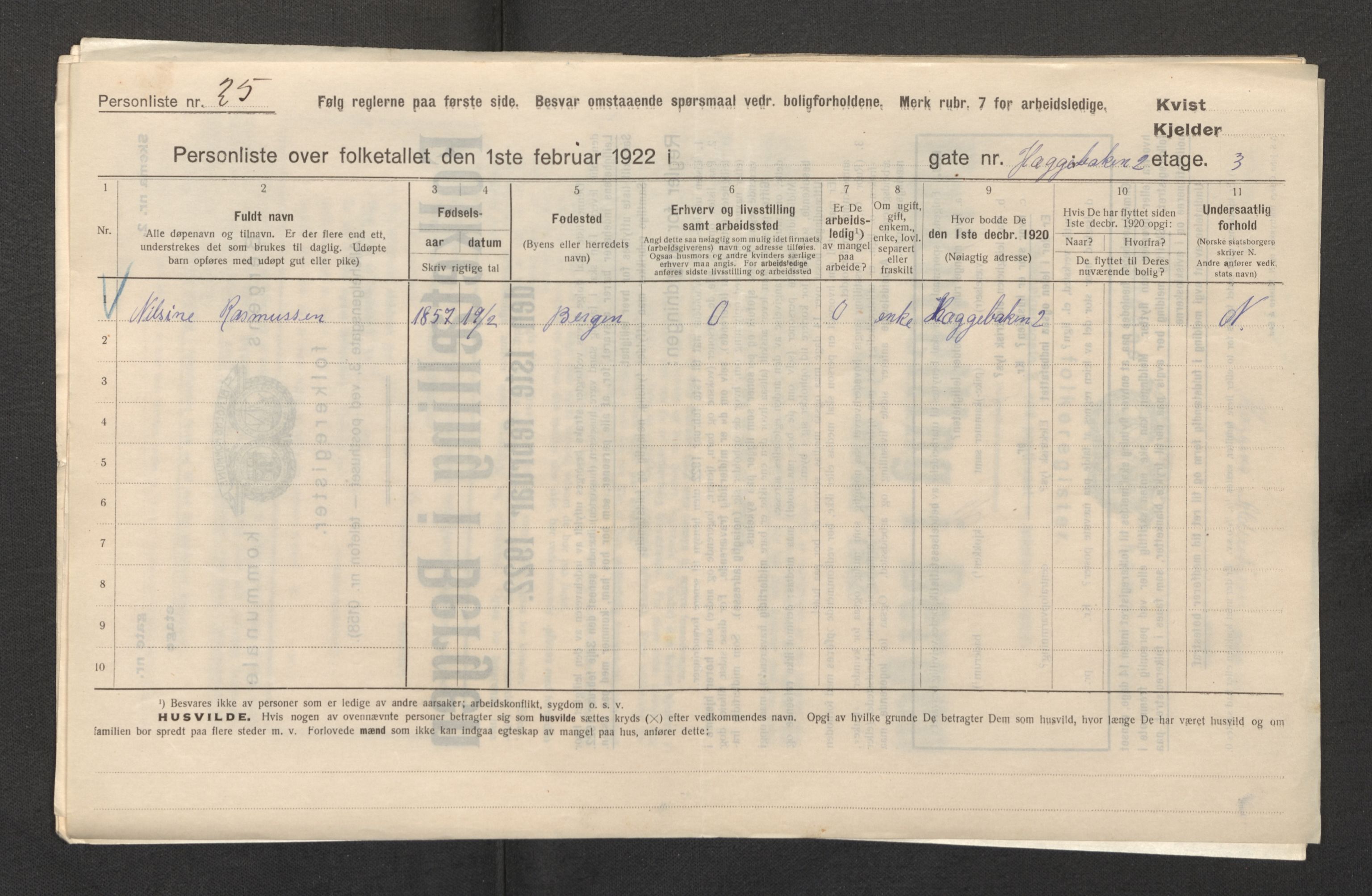 SAB, Municipal Census 1922 for Bergen, 1922, p. 13901