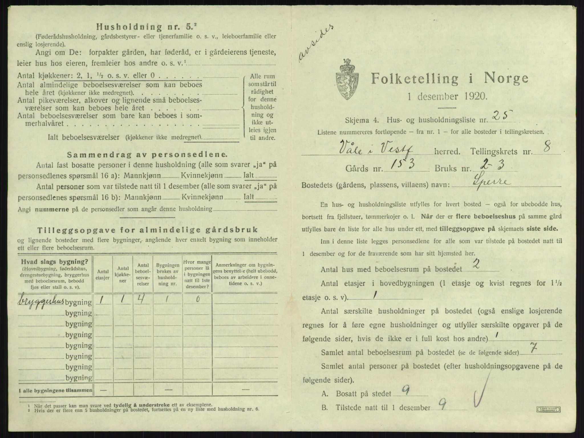 SAKO, 1920 census for Våle, 1920, p. 1022