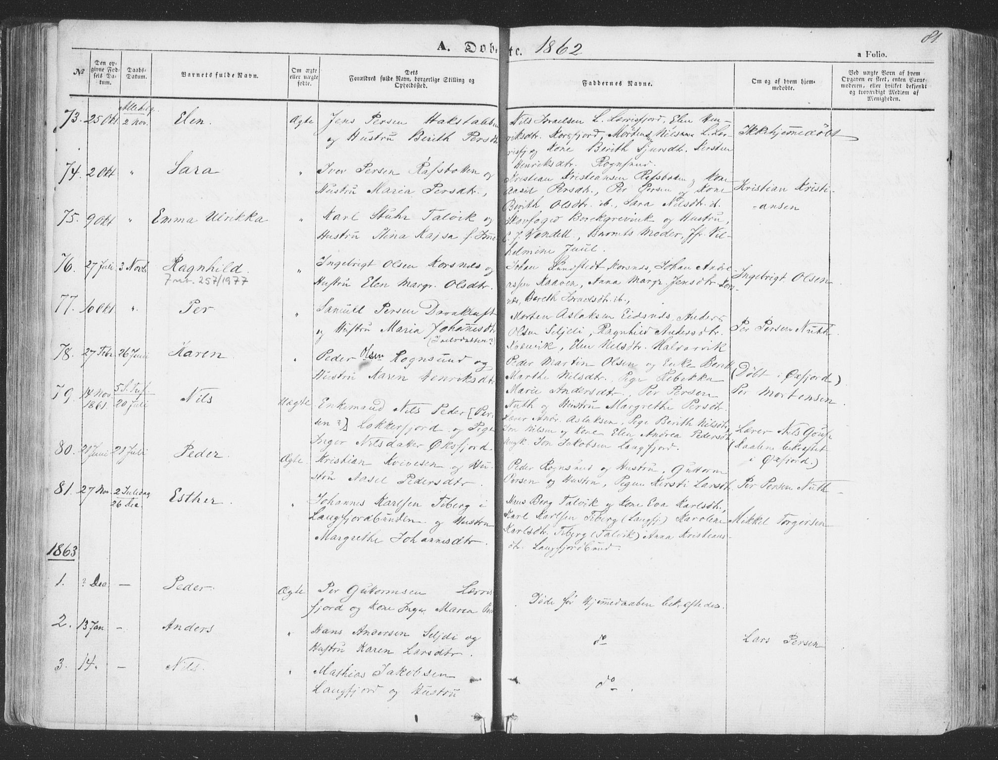 Talvik sokneprestkontor, SATØ/S-1337/H/Ha/L0010kirke: Parish register (official) no. 10, 1852-1864, p. 81