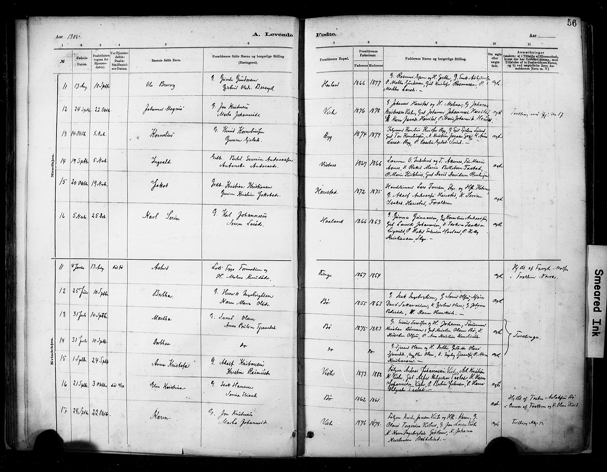 Hetland sokneprestkontor, SAST/A-101826/30/30BA/L0009: Parish register (official) no. A 9, 1882-1918, p. 56