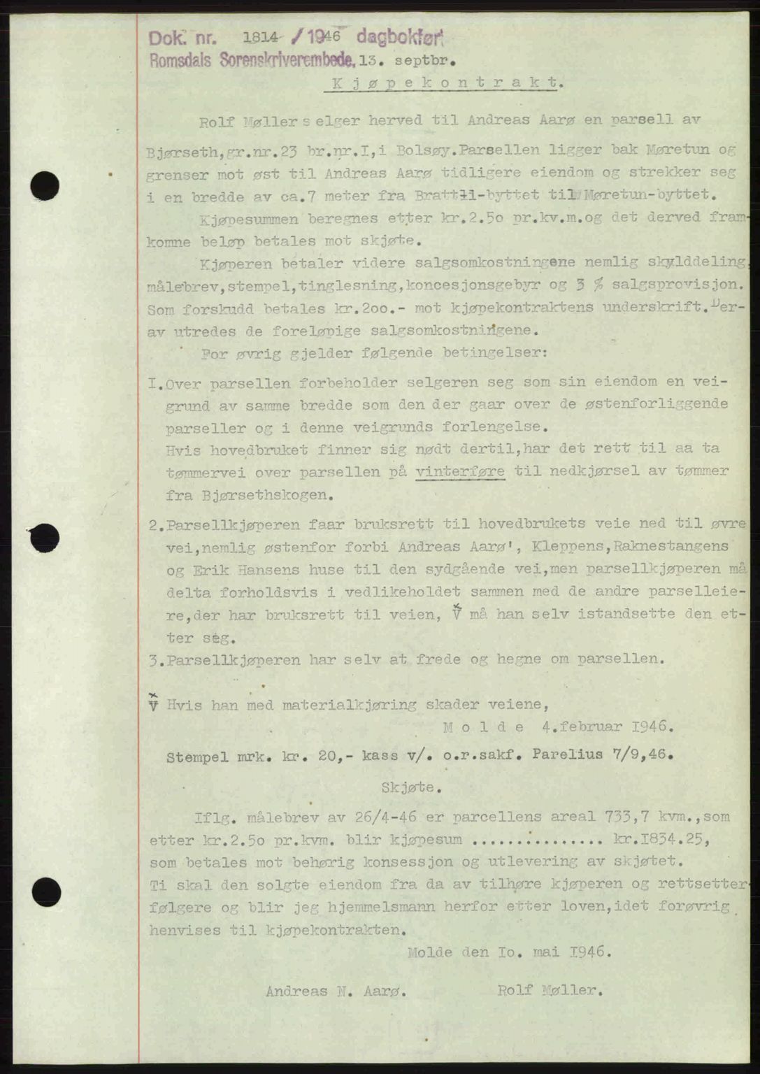 Romsdal sorenskriveri, AV/SAT-A-4149/1/2/2C: Mortgage book no. A20, 1946-1946, Diary no: : 1814/1946