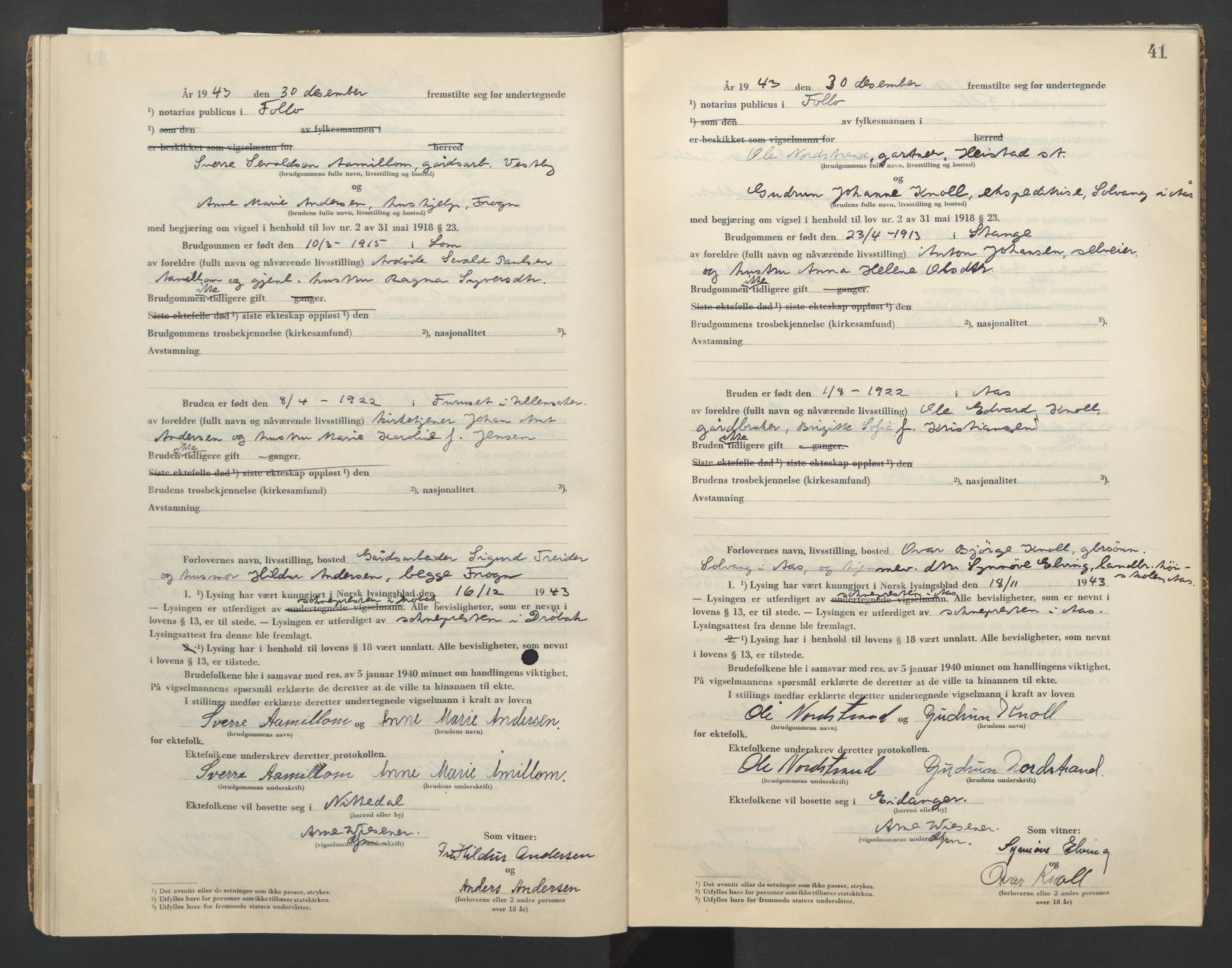 Follo sorenskriveri, AV/SAO-A-10274/L/La/Lab/L0002: Vigselsbok, 1942-1946, p. 41