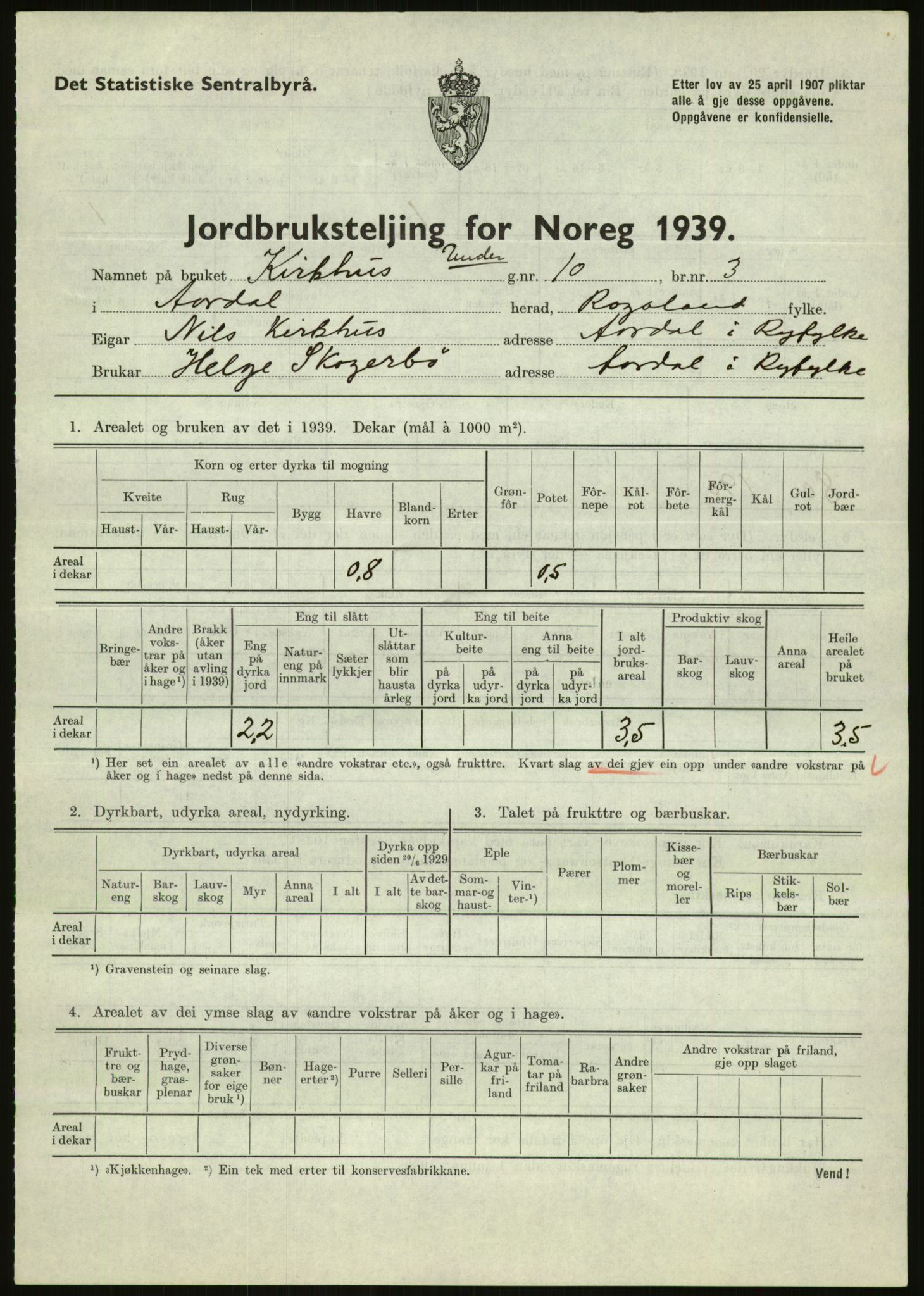 Statistisk sentralbyrå, Næringsøkonomiske emner, Jordbruk, skogbruk, jakt, fiske og fangst, AV/RA-S-2234/G/Gb/L0184: Rogaland: Årdal, Fister og Hjelmeland, 1939, p. 417