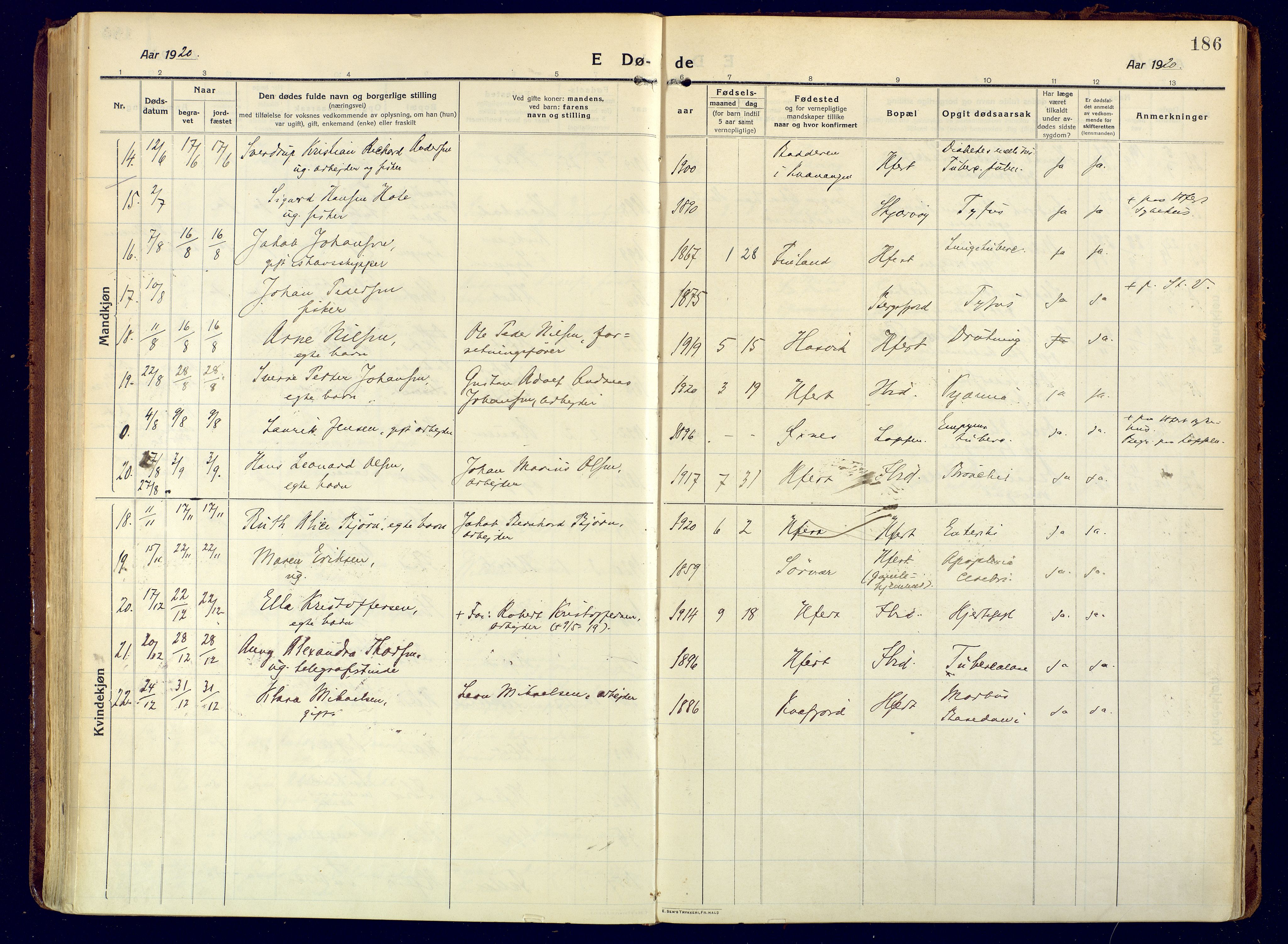 Hammerfest sokneprestkontor, AV/SATØ-S-1347/H/Ha/L0015.kirke: Parish register (official) no. 15, 1916-1923, p. 186