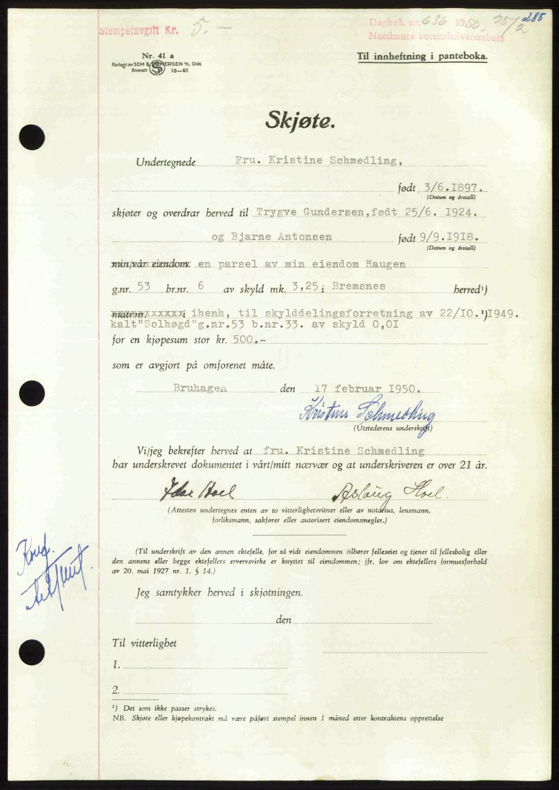 Nordmøre sorenskriveri, AV/SAT-A-4132/1/2/2Ca: Mortgage book no. A114, 1950-1950, Diary no: : 636/1950