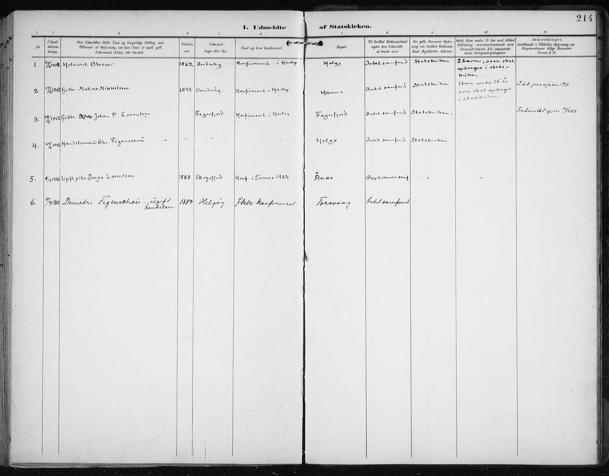 Karlsøy sokneprestembete, AV/SATØ-S-1299/H/Ha/Haa/L0013kirke: Parish register (official) no. 13, 1902-1916, p. 214