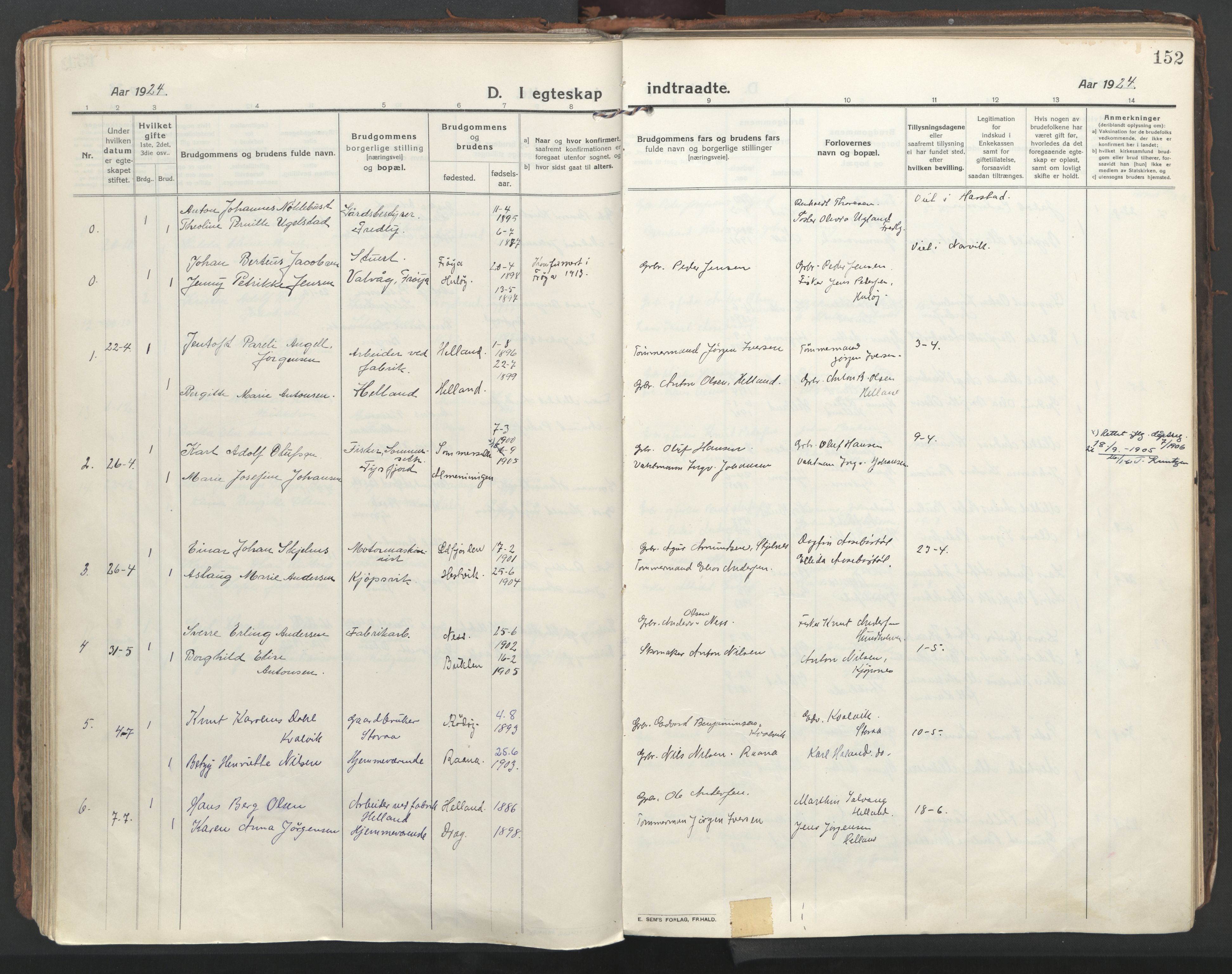 Ministerialprotokoller, klokkerbøker og fødselsregistre - Nordland, AV/SAT-A-1459/861/L0872: Parish register (official) no. 861A07, 1915-1924, p. 152