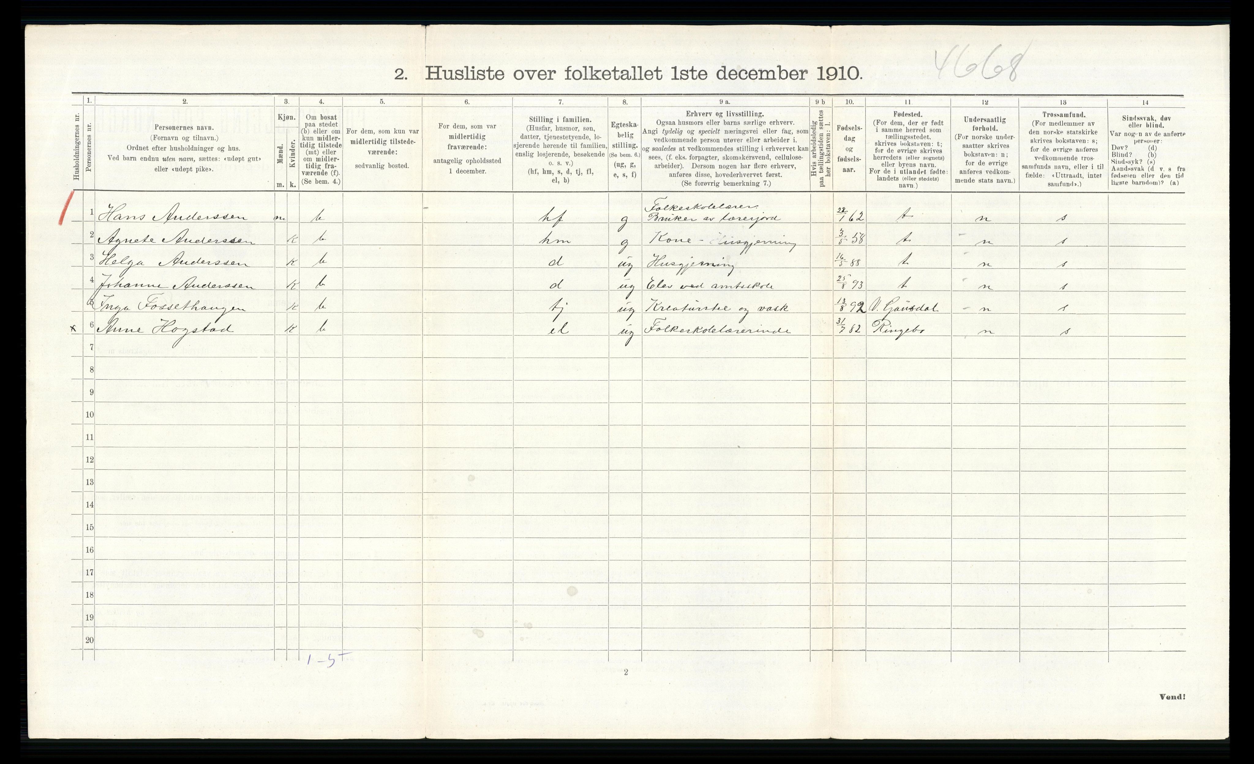 RA, 1910 census for Ringsaker, 1910, p. 1250