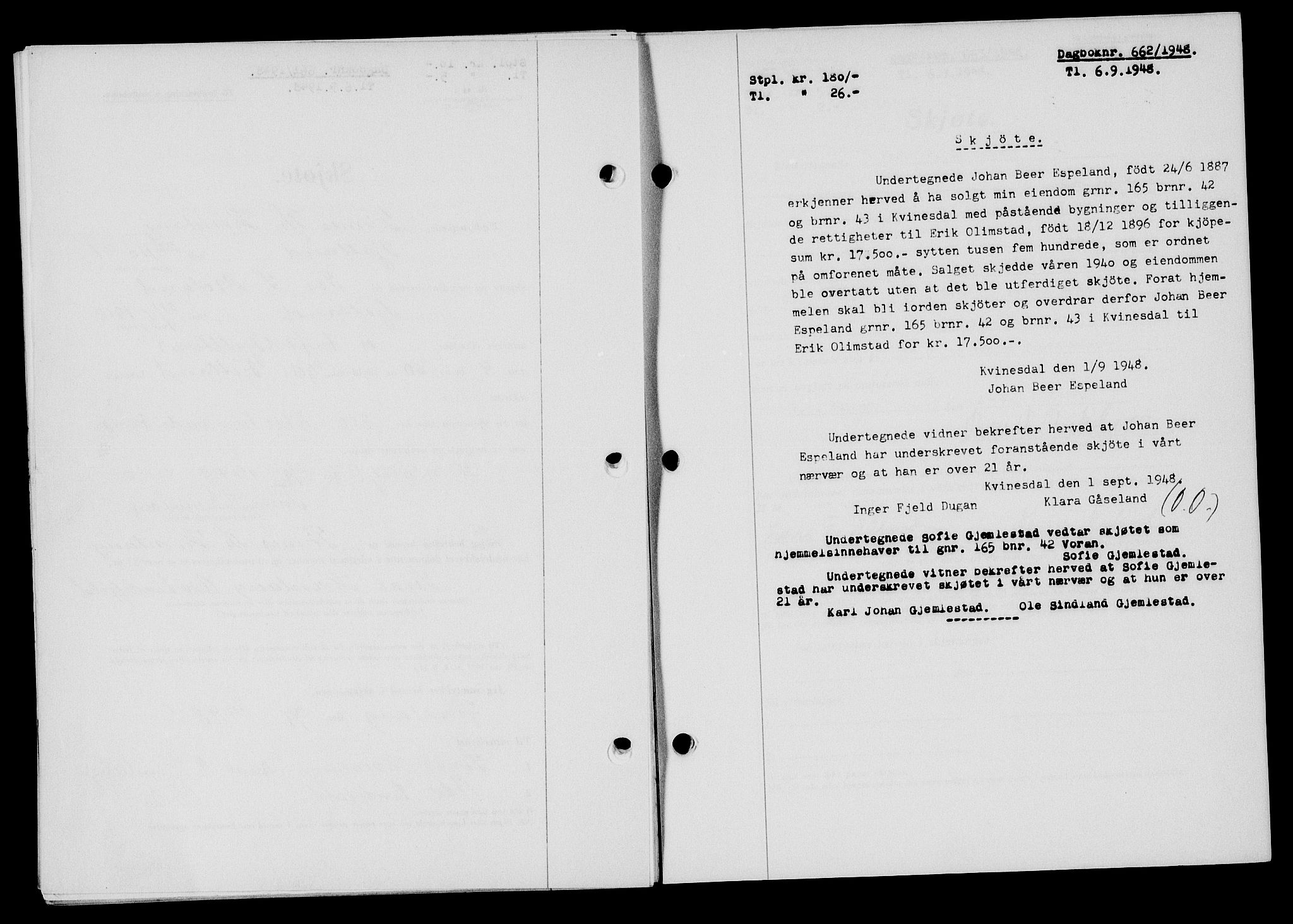 Flekkefjord sorenskriveri, SAK/1221-0001/G/Gb/Gba/L0064: Mortgage book no. A-12, 1948-1949, Diary no: : 662/1948