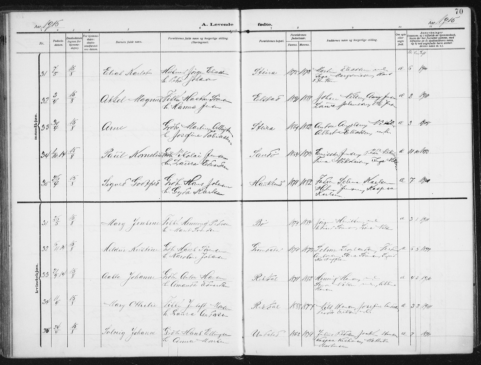 Ministerialprotokoller, klokkerbøker og fødselsregistre - Nordland, AV/SAT-A-1459/880/L1135: Parish register (official) no. 880A09, 1908-1919, p. 70