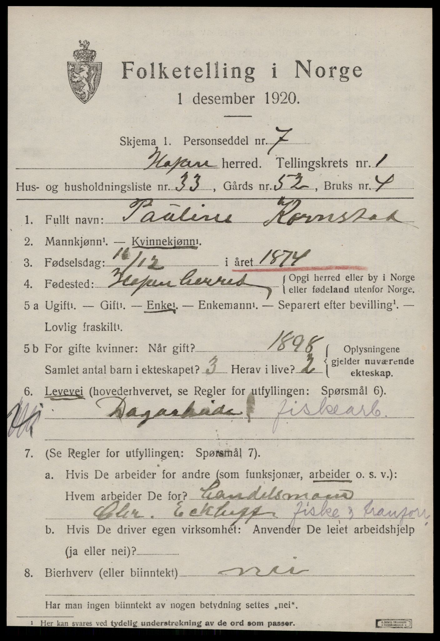 SAT, 1920 census for Hopen, 1920, p. 874