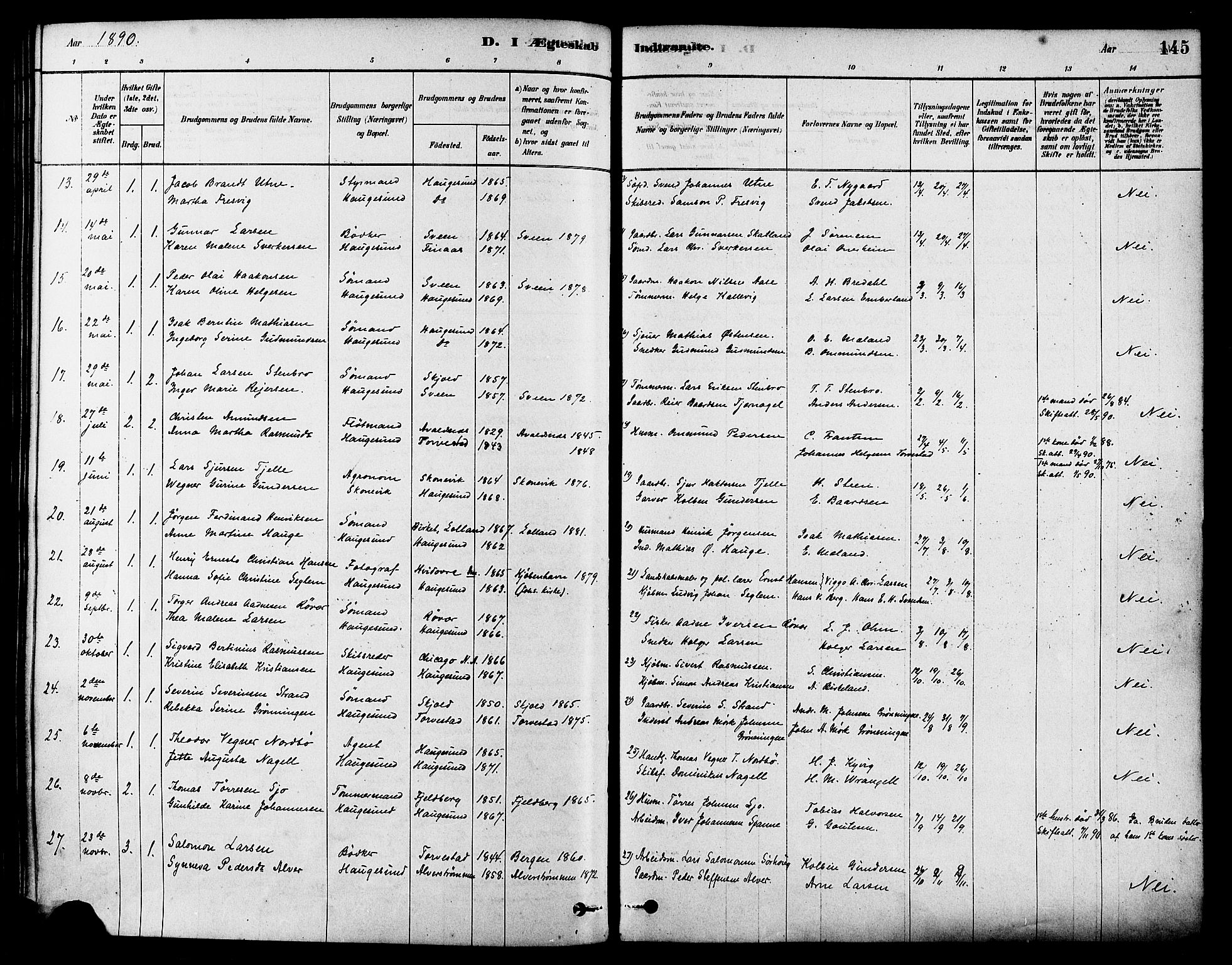 Haugesund sokneprestkontor, AV/SAST-A -101863/H/Ha/Haa/L0003: Parish register (official) no. A 3, 1885-1890, p. 145