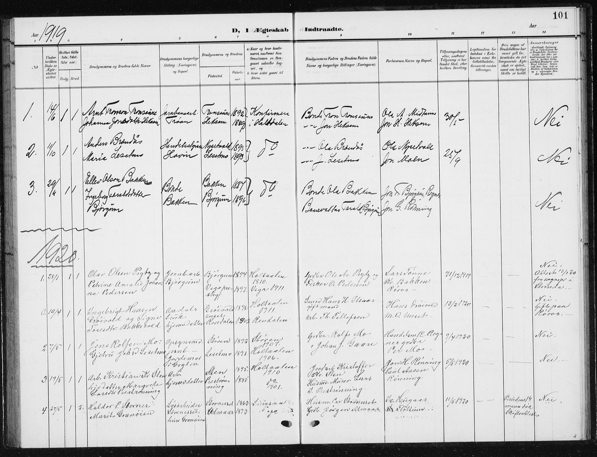 Ministerialprotokoller, klokkerbøker og fødselsregistre - Sør-Trøndelag, SAT/A-1456/685/L0979: Parish register (copy) no. 685C04, 1908-1933, p. 101