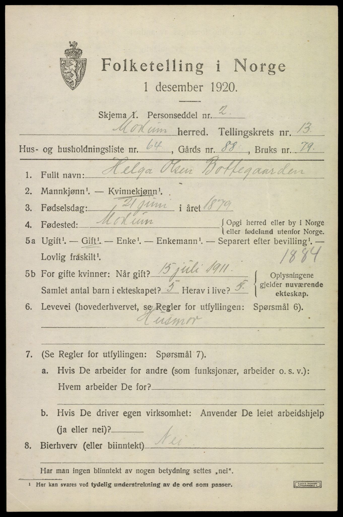 SAKO, 1920 census for Modum, 1920, p. 15961