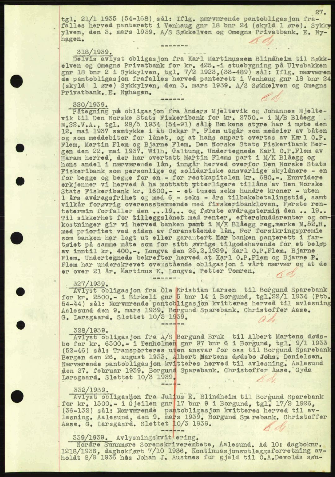 Nordre Sunnmøre sorenskriveri, SAT/A-0006/1/2/2C/2Ca: Mortgage book no. B1-6, 1938-1942, Diary no: : 318/1939