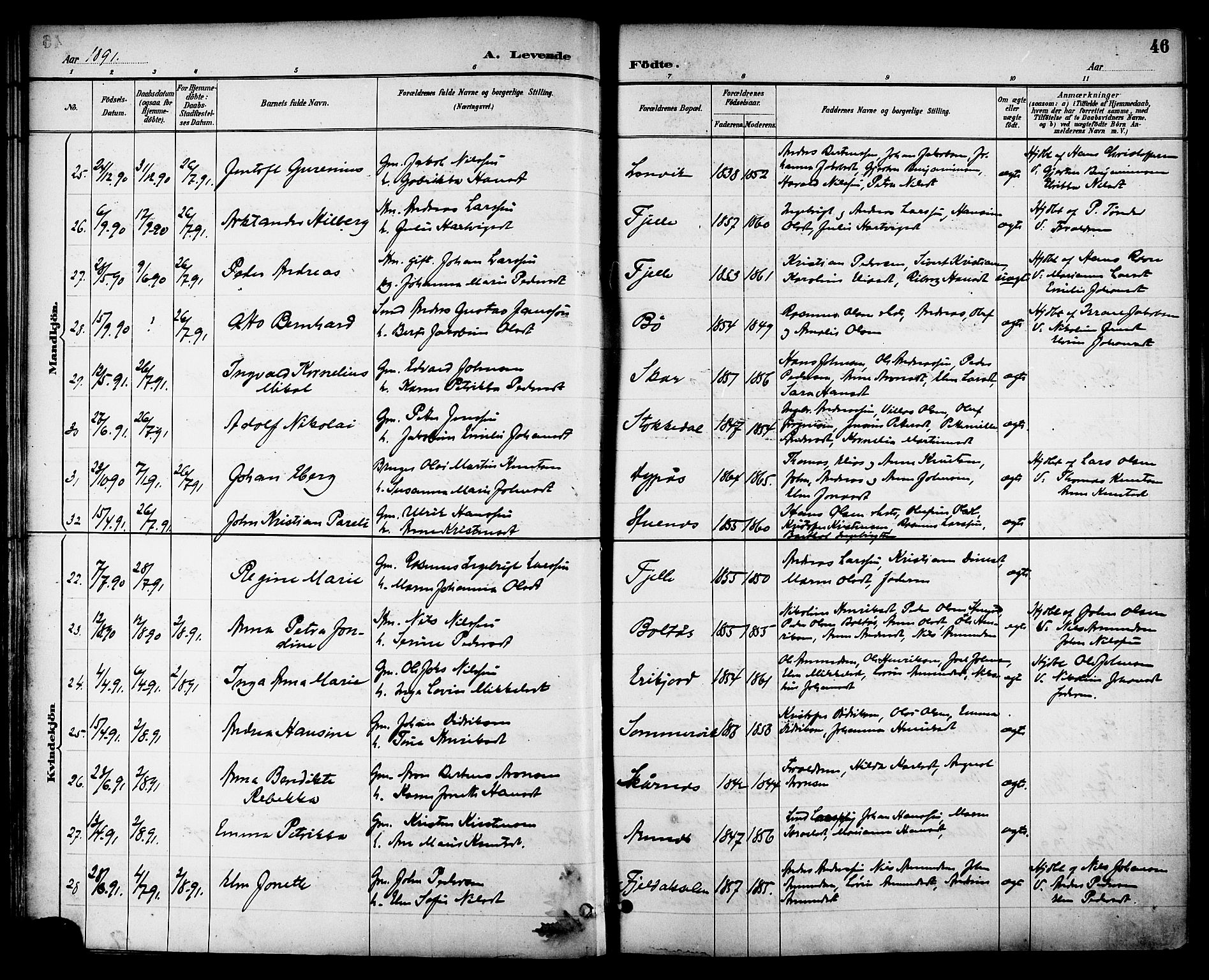 Ministerialprotokoller, klokkerbøker og fødselsregistre - Nordland, SAT/A-1459/863/L0898: Parish register (official) no. 863A10, 1886-1897, p. 46