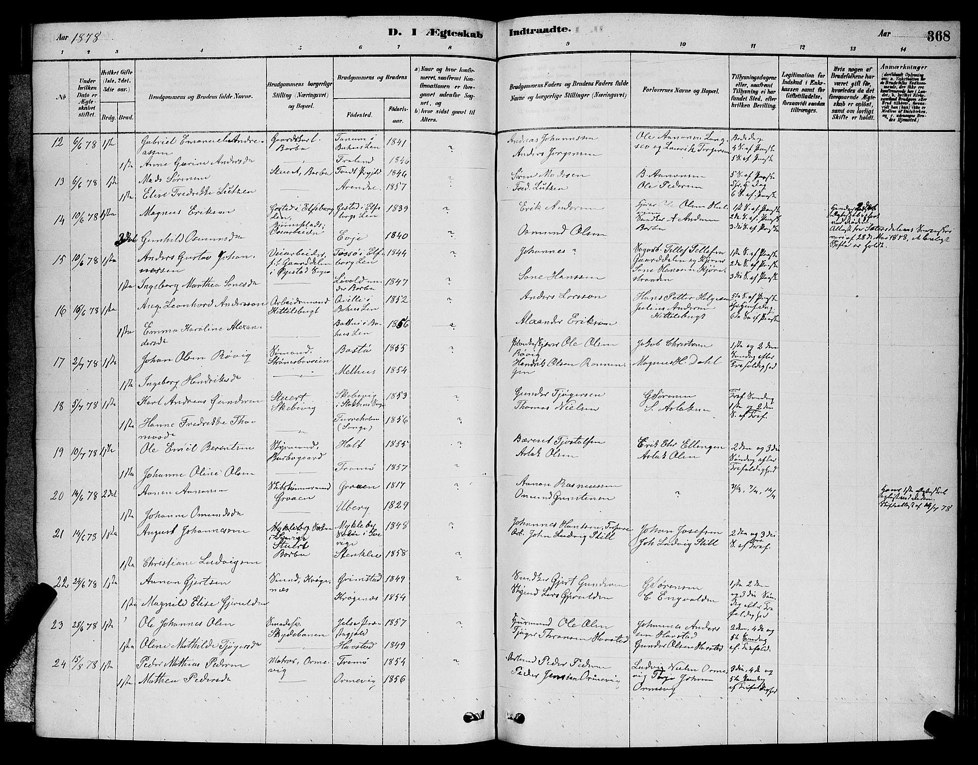 Barbu sokneprestkontor, AV/SAK-1111-0003/F/Fb/L0001: Parish register (copy) no. B 1, 1878-1890, p. 368