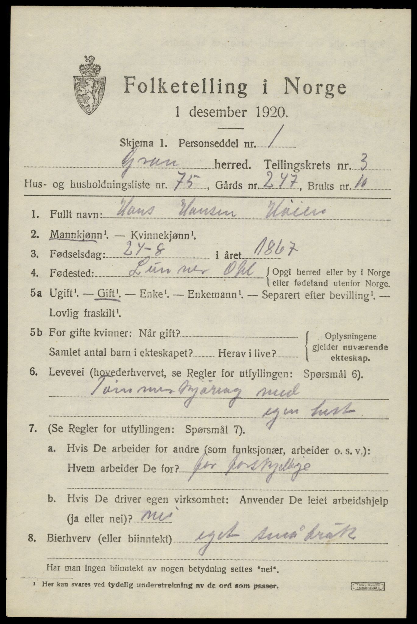 SAH, 1920 census for Gran, 1920, p. 6102