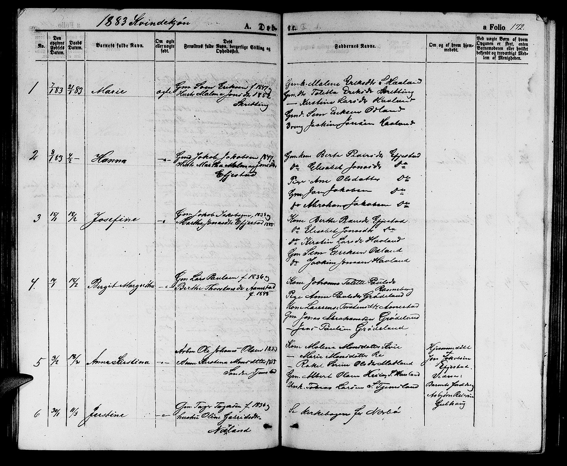 Hå sokneprestkontor, SAST/A-101801/001/30BB/L0002: Parish register (copy) no. B 2, 1854-1883, p. 172