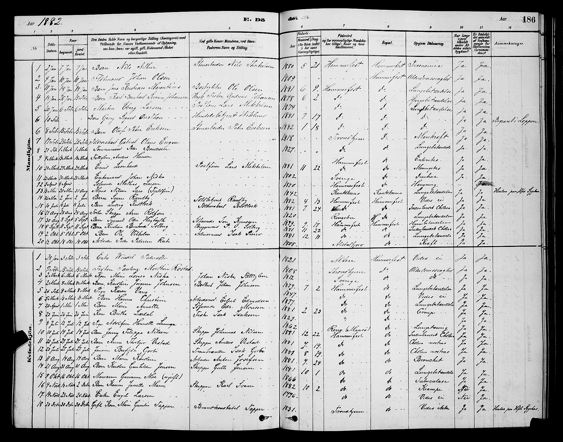 Hammerfest sokneprestkontor, AV/SATØ-S-1347/H/Hb/L0006.klokk: Parish register (copy) no. 6, 1876-1884, p. 186