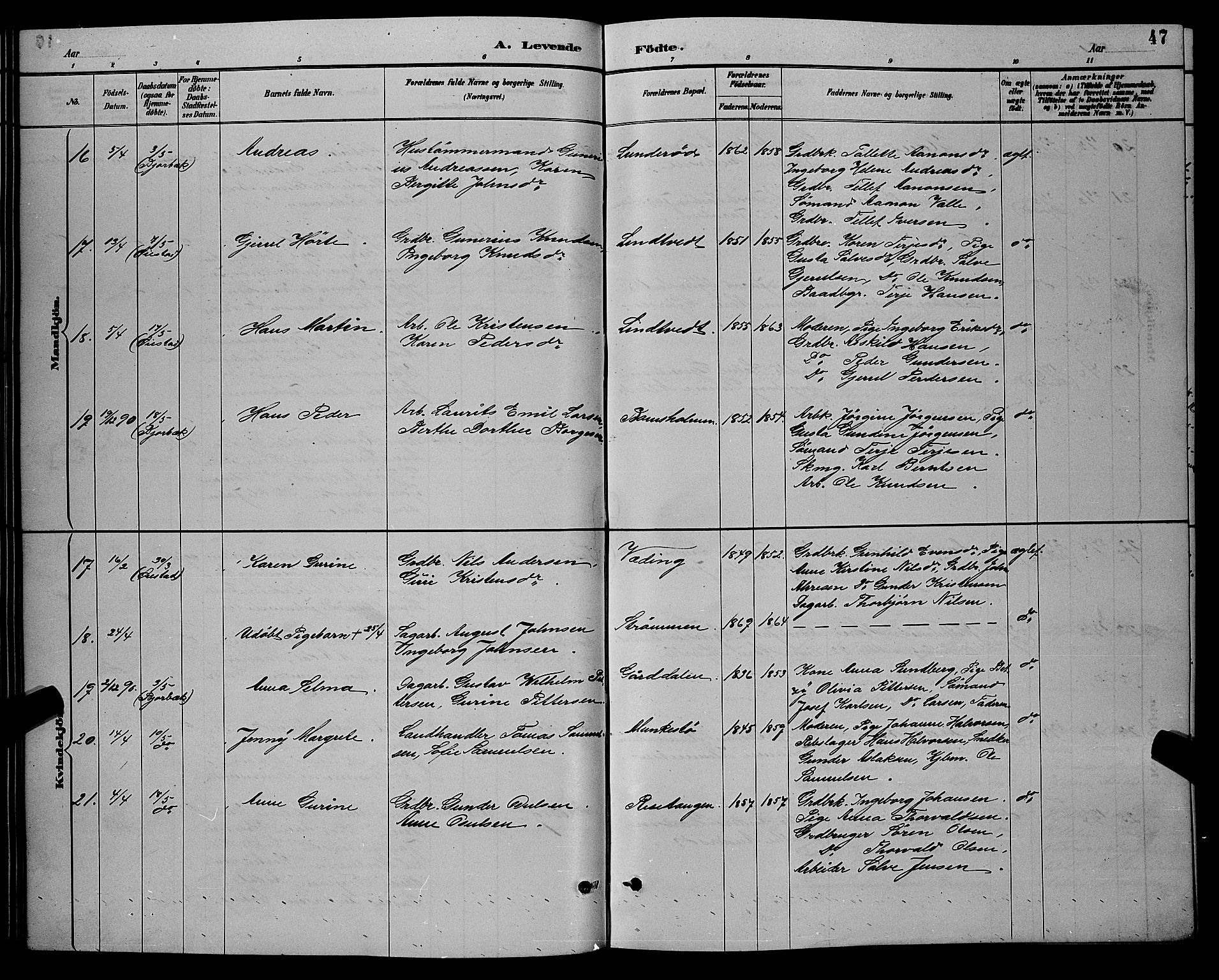 Øyestad sokneprestkontor, AV/SAK-1111-0049/F/Fb/L0009: Parish register (copy) no. B 9, 1886-1896, p. 47