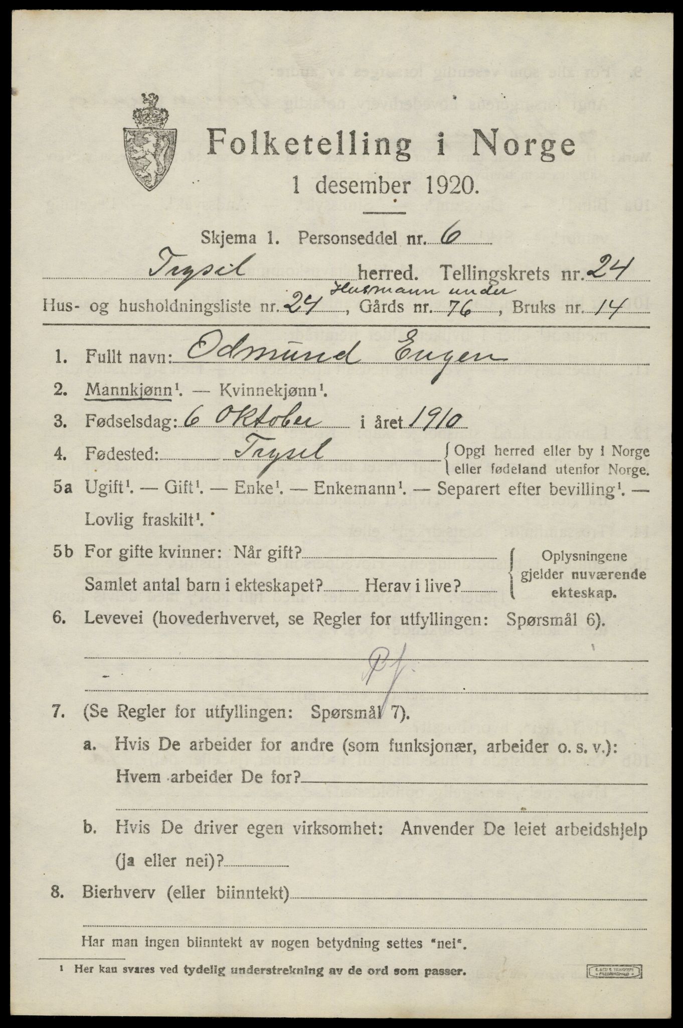 SAH, 1920 census for Trysil, 1920, p. 15513