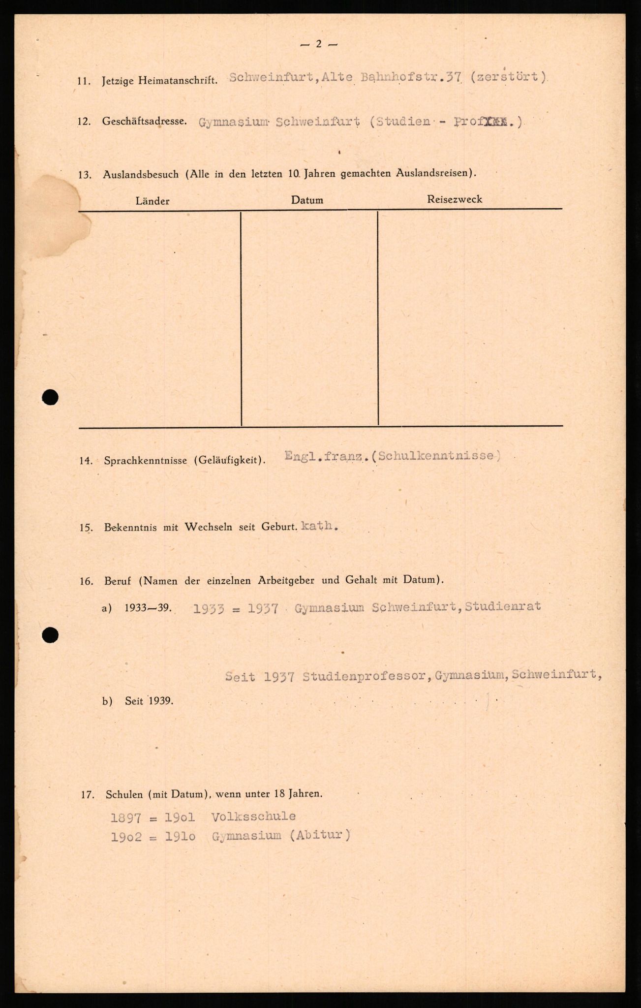 Forsvaret, Forsvarets overkommando II, RA/RAFA-3915/D/Db/L0021: CI Questionaires. Tyske okkupasjonsstyrker i Norge. Tyskere., 1945-1946, p. 234