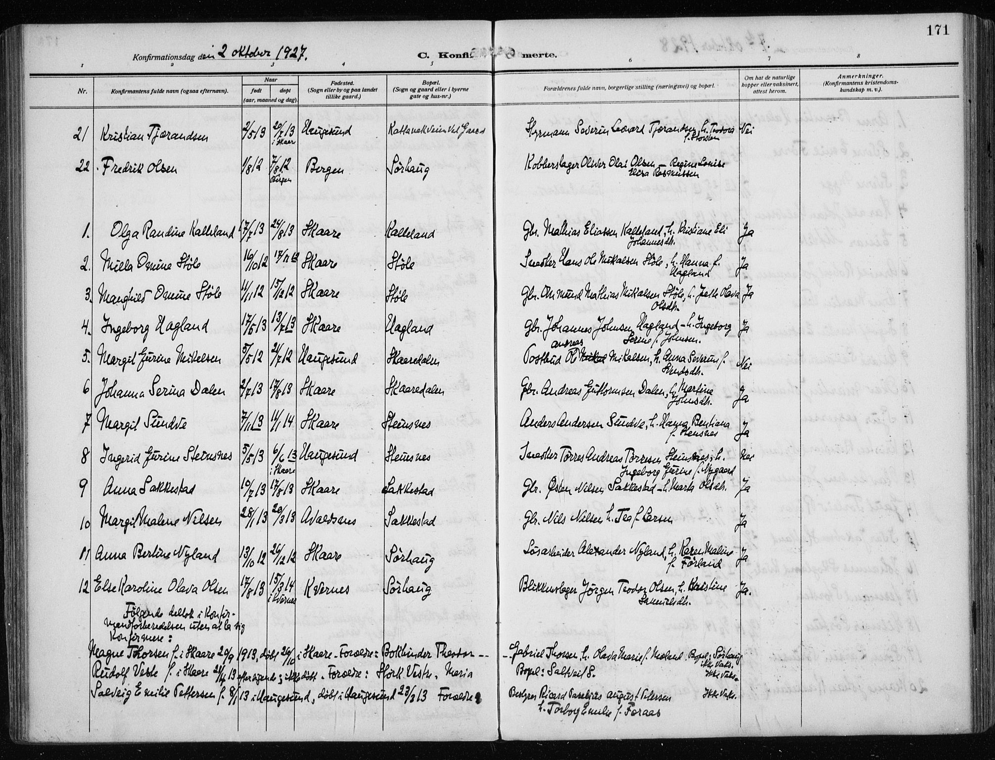 Haugesund sokneprestkontor, SAST/A -101863/H/Ha/Haa/L0010: Parish register (official) no. A 10, 1909-1935, p. 171