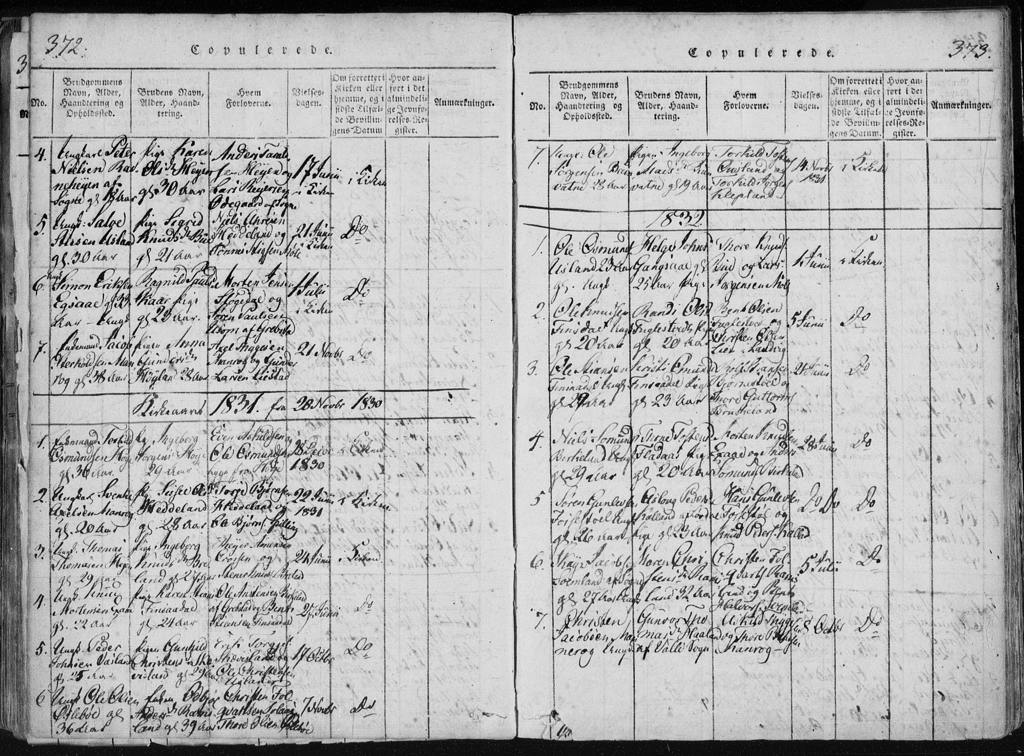 Holum sokneprestkontor, AV/SAK-1111-0022/F/Fa/Fac/L0002: Parish register (official) no. A 2, 1821-1859, p. 372-373