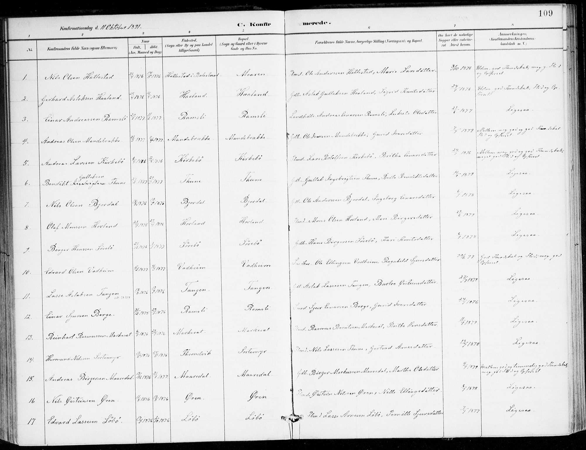 Lavik sokneprestembete, SAB/A-80901: Parish register (official) no. C 1, 1882-1904, p. 109