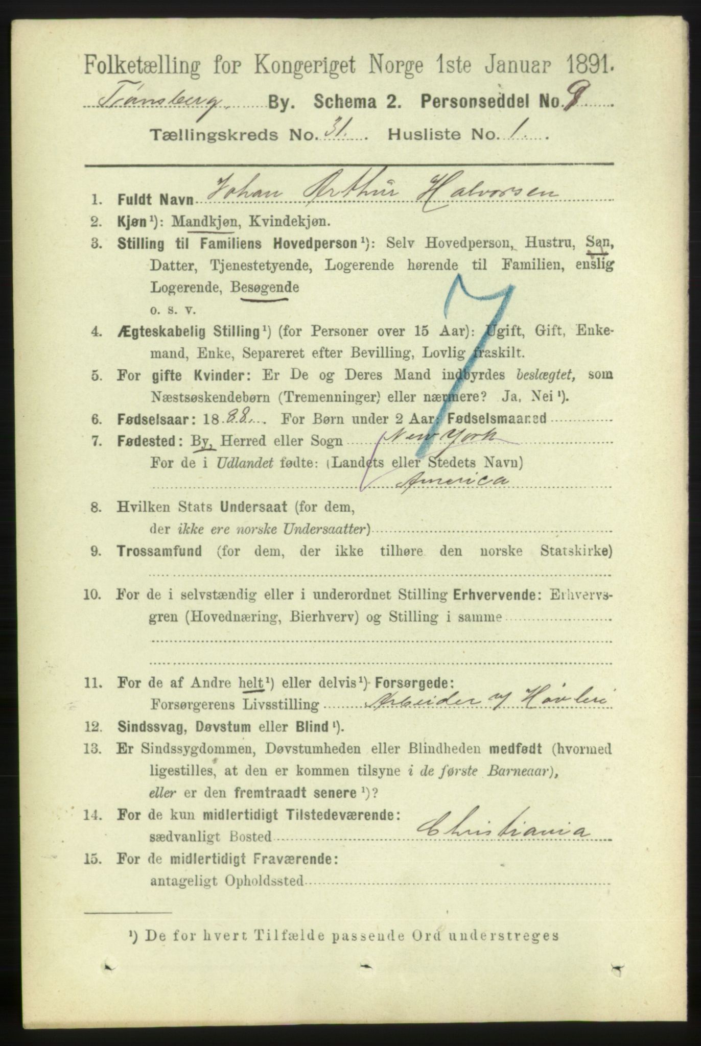 RA, 1891 census for 0705 Tønsberg, 1891, p. 7384